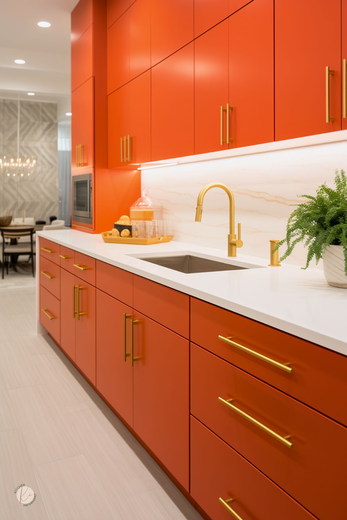 A kitchen with sleek orange cabinetry, gold hardware, and a white marble backsplash with subtle veining. A gold faucet and under-cabinet lighting enhance the modern design. A white countertop contrasts with the bold cabinetry, while a potted plant adds a touch of greenery. In the background, a dining area with a chandelier and neutral tones creates a sophisticated atmosphere.