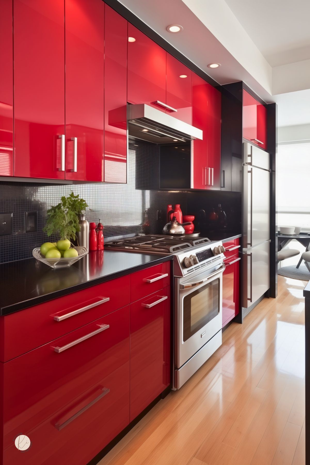 A kitchen with glossy red and black cabinetry, a sleek black countertop, and a black mosaic tile backsplash. Stainless steel appliances and modern hardware enhance the bold, contemporary look. Red dishware and decor add cohesion, while natural light reflects off the high-gloss surfaces. Light wood flooring provides warmth and contrast.