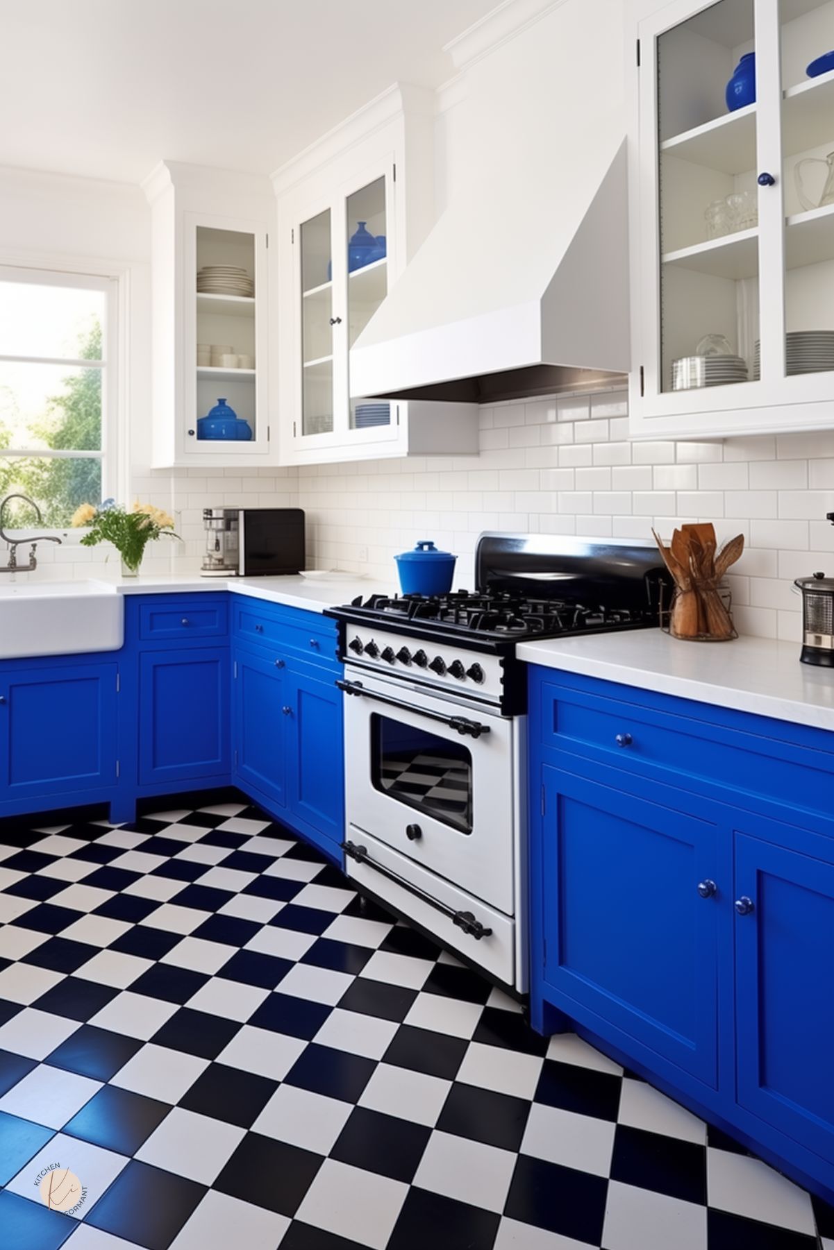 A kitchen with bold blue lower cabinets, crisp white upper cabinets, and a classic black-and-white checkered floor. A vintage-inspired white and black stove sits against a white subway tile backsplash. Glass-front cabinets display dishware and blue decorative accents. A farmhouse sink and large window bring in natural light, enhancing the bright and vibrant design.