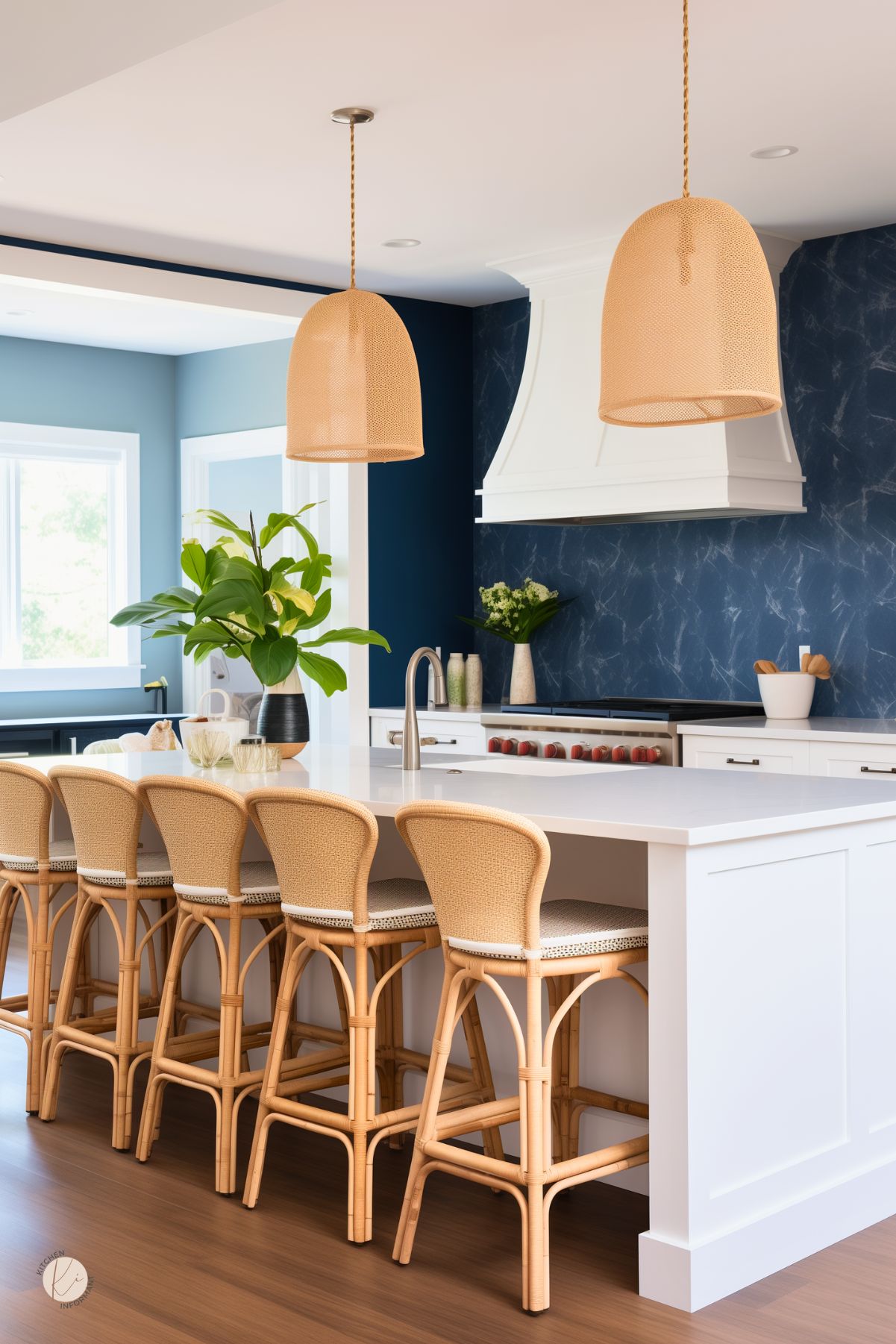 A kitchen with a navy blue marble-patterned wallpaper accent wall, adding depth and contrast to the bright white cabinetry. A large island with a white quartz countertop provides ample seating with rattan barstools, enhancing the coastal-inspired design. Oversized woven pendant lights bring warmth and texture, while a custom white range hood adds a classic touch. Lush greenery and natural wood elements complete the fresh, airy aesthetic.