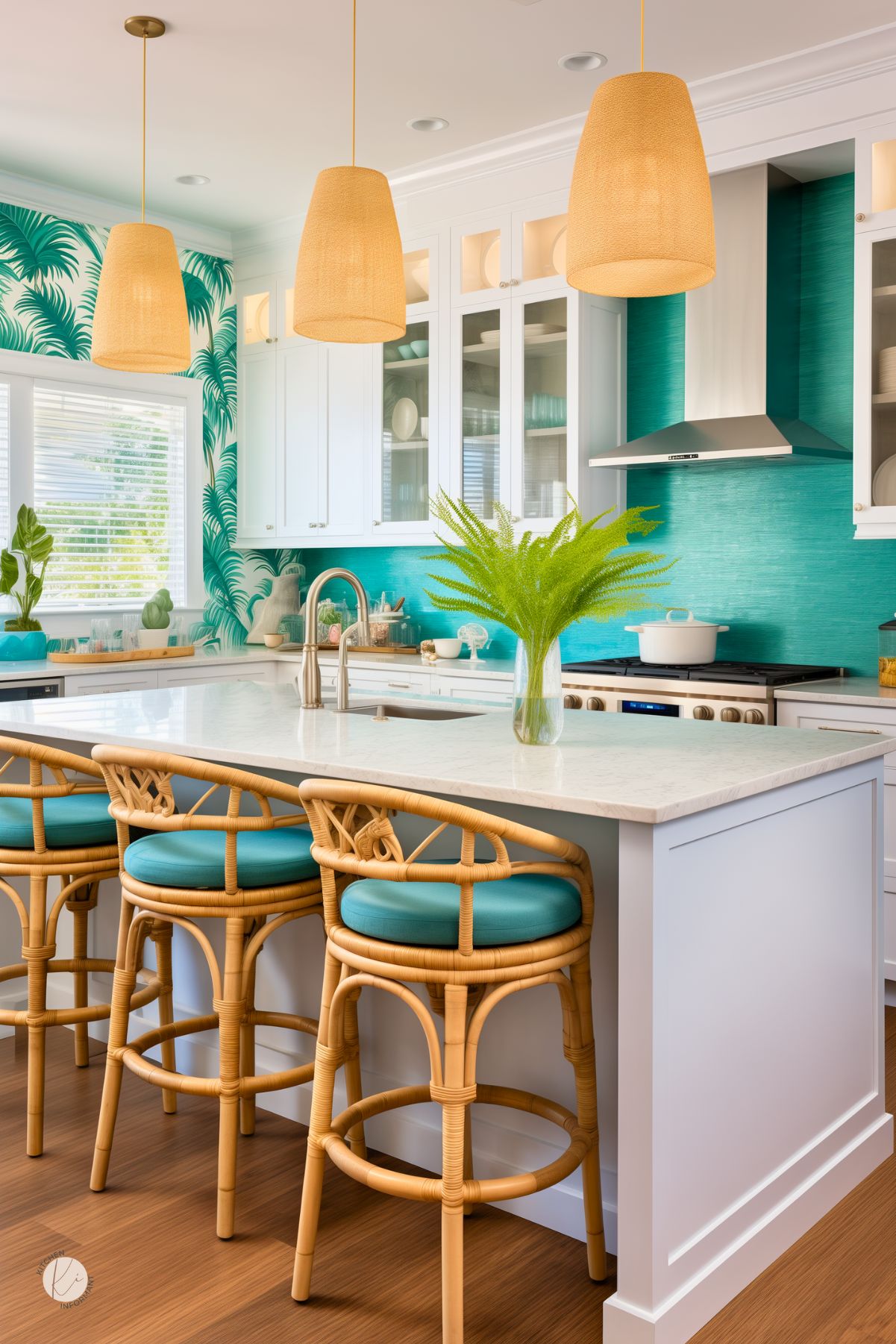 A kitchen with a vibrant coastal design, featuring turquoise textured backsplash tiles and a bold palm leaf wallpaper accent. White cabinetry and marble countertops keep the space bright and airy, while rattan barstools with teal cushions add a tropical touch. Woven pendant lights bring warmth and texture, complementing the relaxed beach-inspired aesthetic. Large windows allow natural light to enhance the fresh, breezy atmosphere.