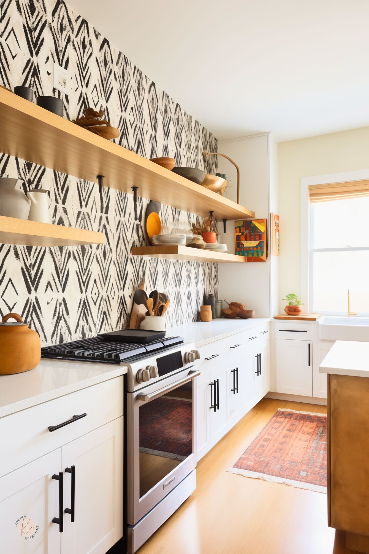 A kitchen with a bold black and white geometric wallpaper accent wall, adding a modern and artistic touch. Light wood floating shelves provide open storage and display ceramic dishware and warm-toned decor. White shaker cabinets with black hardware create a clean contrast, while a farmhouse sink and brass faucet add rustic charm. A vintage-style rug and natural wood accents bring warmth to the space, balancing the contemporary design.