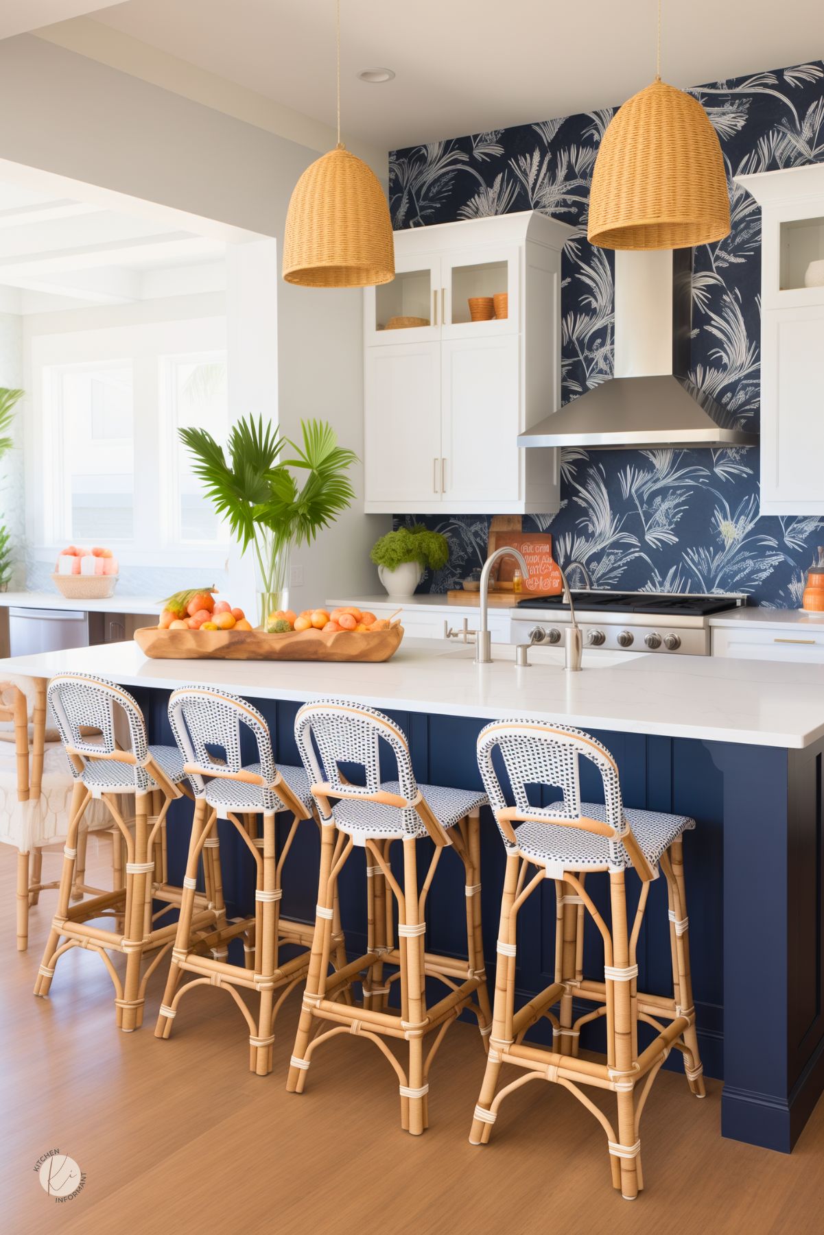 A kitchen with a navy and white botanical wallpaper accent wall, adding a bold coastal touch. White cabinetry and a navy island create a crisp contrast, while woven rattan pendant lights and barstools bring warmth and texture. A white quartz countertop enhances the bright, airy feel, complemented by stainless steel appliances. Natural wood elements and tropical greenery complete the relaxed, beach-inspired aesthetic.