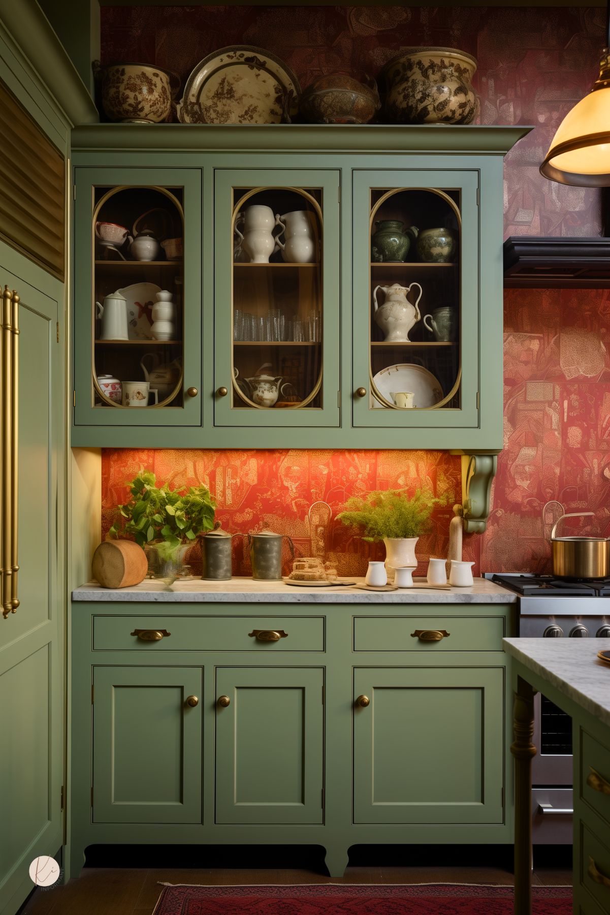 A kitchen with sage green cabinetry and antique brass hardware, creating a vintage-inspired charm. A bold red wallpaper with intricate patterns adds warmth and contrast, complementing the classic design. Glass-front upper cabinets display curated dishware, while marble countertops and under-cabinet lighting enhance the elegant feel. A vintage-style range and warm lighting complete the cozy, old-world aesthetic.