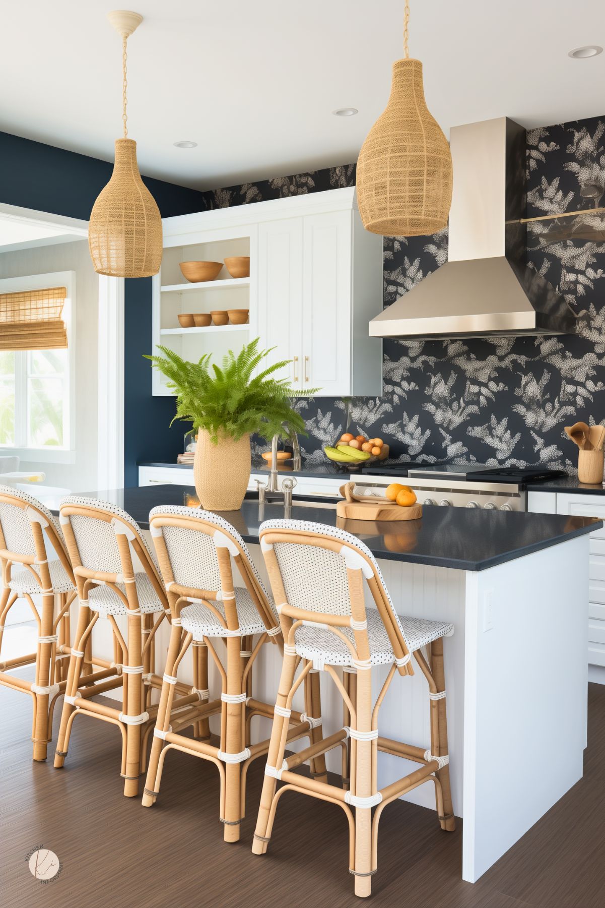 A kitchen with a bold black and white botanical wallpaper accent wall, adding contrast to the crisp white cabinetry. Natural rattan barstools and woven pendant lights bring warmth and texture, complementing the black stone countertops. Open shelving with wooden accents enhances the relaxed coastal vibe, while a stainless steel range hood provides a sleek modern touch.