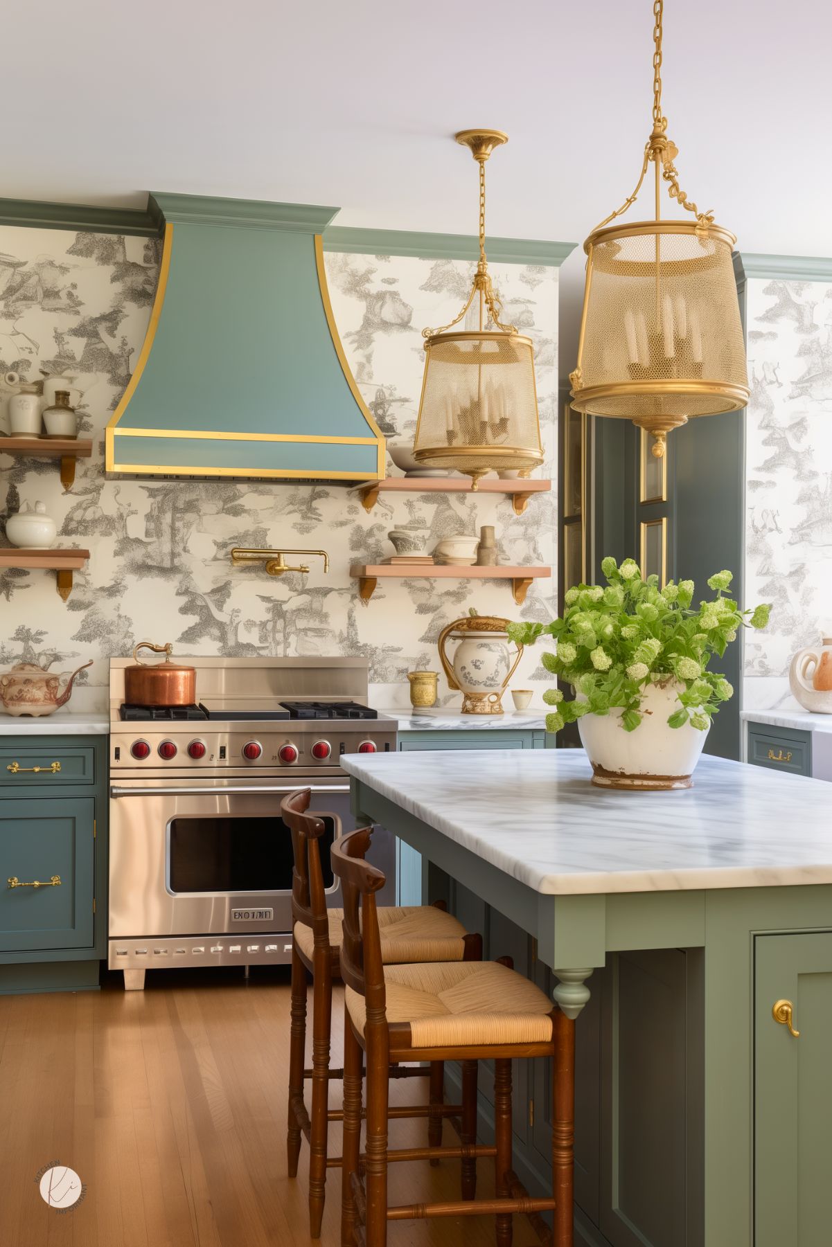 A kitchen with muted sage green cabinetry and gold accents, featuring a classic toile wallpaper in soft neutral tones. A custom range hood with gold trim adds a refined touch, while open wooden shelves display vintage dishware. A white marble island with turned legs enhances the timeless design, complemented by antique-style wooden barstools. Elegant gold lantern pendant lights and a pot filler above the stove complete the sophisticated, old-world charm.