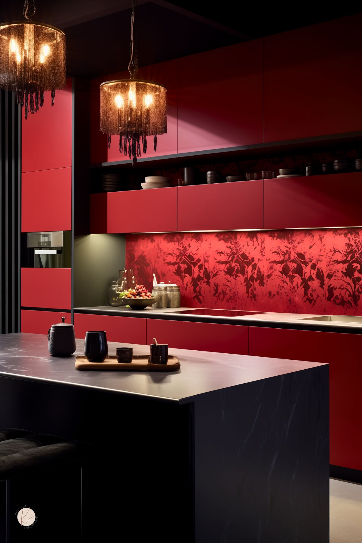 A dramatic modern kitchen with sleek red cabinetry and a bold red floral-patterned backsplash. A dark marble island with a glossy finish contrasts with the matte cabinets. Warm, moody lighting comes from two chandeliers with black fringe details. Open shelving displays black and neutral-toned dishware, adding to the sophisticated ambiance. A tray with a teapot and cups sits on the island, enhancing the cozy yet upscale aesthetic.