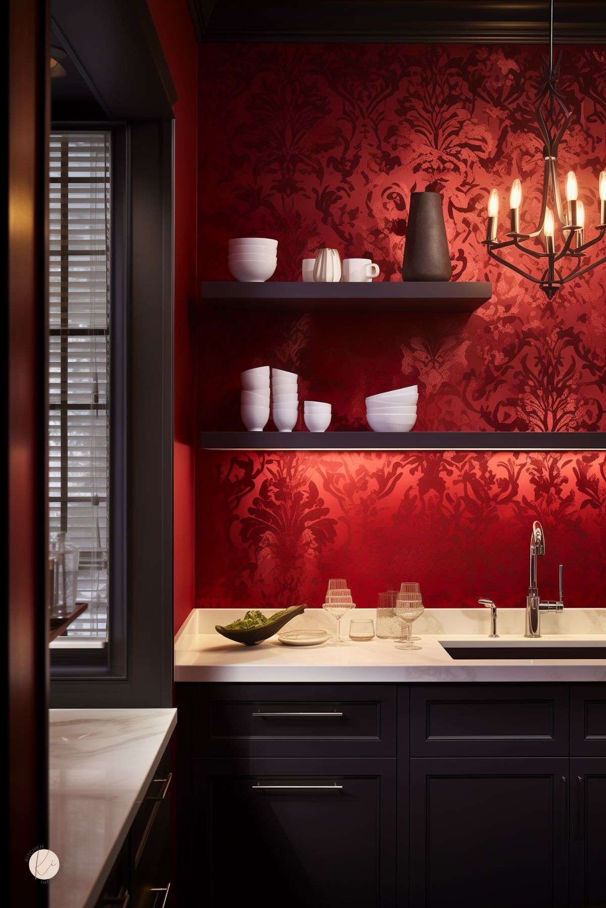 A kitchen with a dramatic red damask wallpaper accent wall, creating a bold and sophisticated look. Deep black cabinetry contrasts sharply with the rich red tones, while floating dark shelves display minimalist white dishware. A sleek marble countertop and stainless steel faucet add modern elegance. A wrought iron chandelier enhances the moody, upscale atmosphere, making the space feel luxurious and intimate.