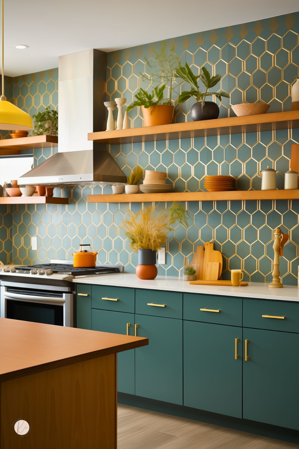 A kitchen with deep green cabinetry and gold hardware, featuring a striking hexagonal tile backsplash in teal and gold. Warm wood open shelving displays an assortment of neutral and earthy-toned dishware, complementing the modern yet cozy design. A stainless steel range hood adds a sleek touch, while yellow and terracotta accents bring warmth and vibrancy. Natural greenery enhances the organic feel of the space.