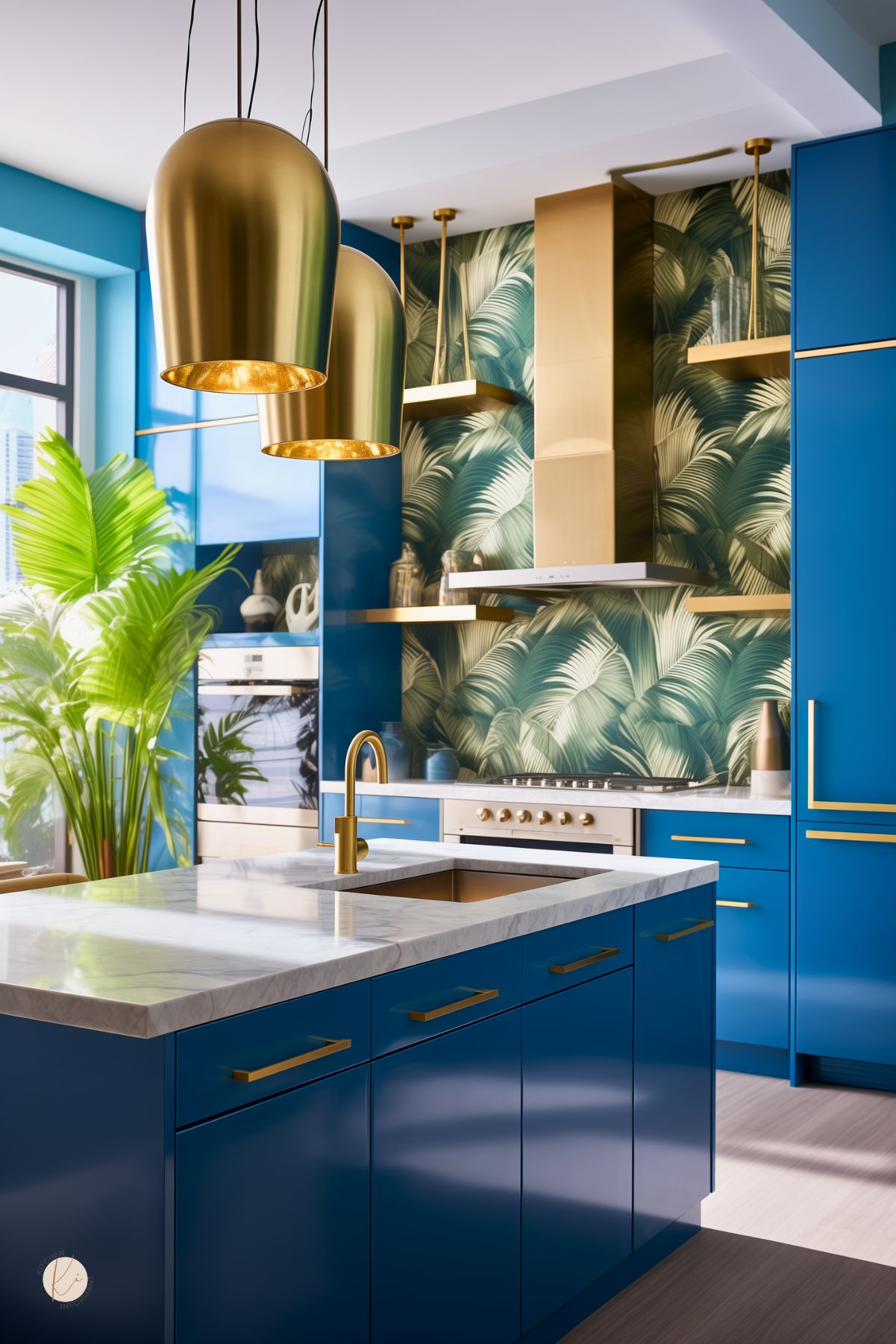 A kitchen with vibrant blue cabinetry and gold accents, featuring a bold tropical palm leaf wallpaper accent wall. A marble island with a gold faucet adds a touch of luxury, while oversized gold pendant lights enhance the glamorous aesthetic. A sleek gold range hood and matching hardware bring cohesion to the space, complemented by floating gold shelves for stylish open storage. Large windows and lush greenery complete the modern, tropical-inspired design.