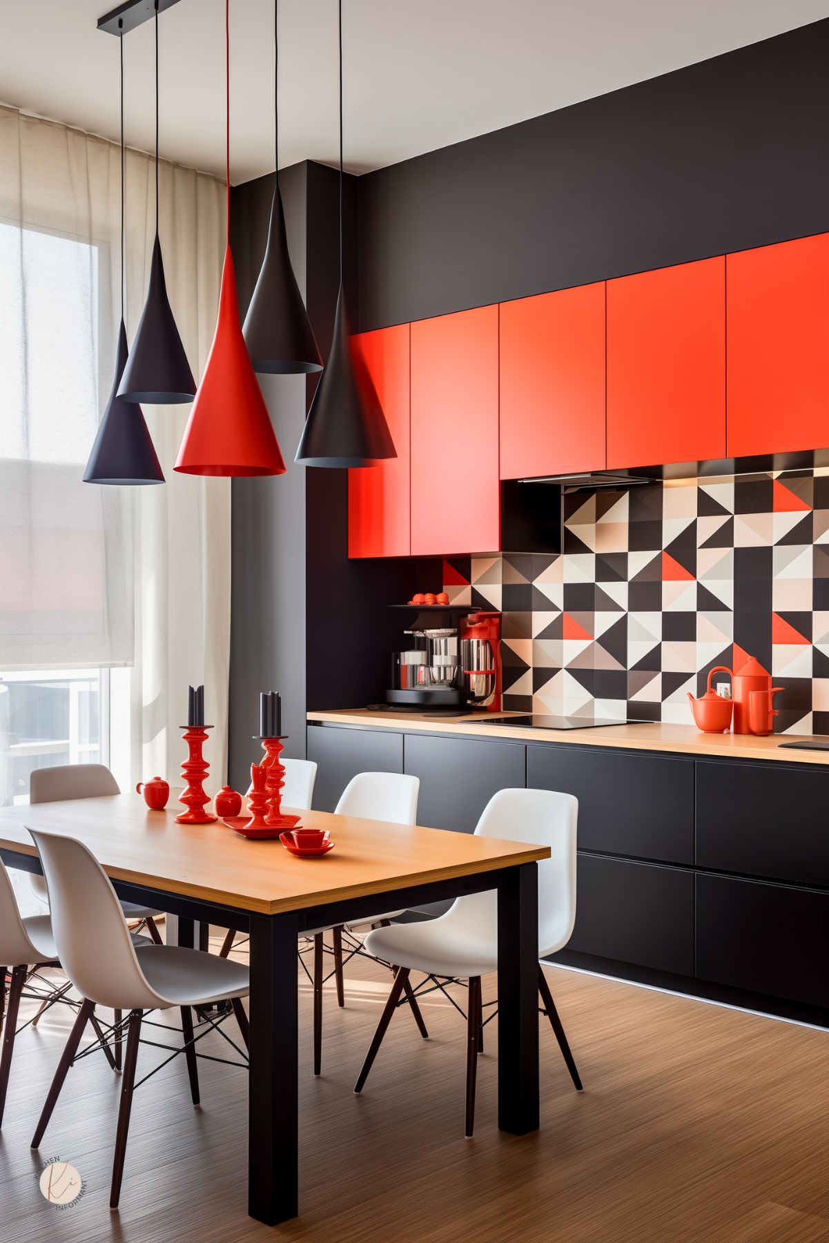 A kitchen with a bold red and black color scheme, featuring sleek red upper cabinets contrasting with matte black lower cabinets. A geometric black, white, and red tile backsplash adds a modern, artistic touch. Dramatic cone-shaped pendant lights in alternating black and red enhance the contemporary aesthetic. A light wood dining table with white chairs softens the look, while red decor accents tie the design together for a striking, cohesive space.