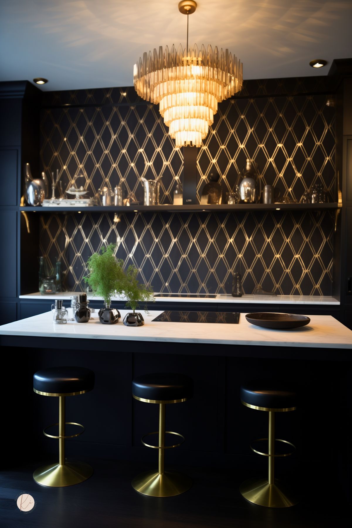 A kitchen with a dramatic black and gold geometric wallpaper accent wall, creating a luxurious and moody ambiance. Sleek black cabinetry and a white marble island contrast elegantly, while gold barstools with black leather seats add a sophisticated touch. A statement chandelier with cascading glass elements enhances the opulent design, reflecting light beautifully. Floating black shelves display metallic decor, completing the modern, high-end aesthetic.