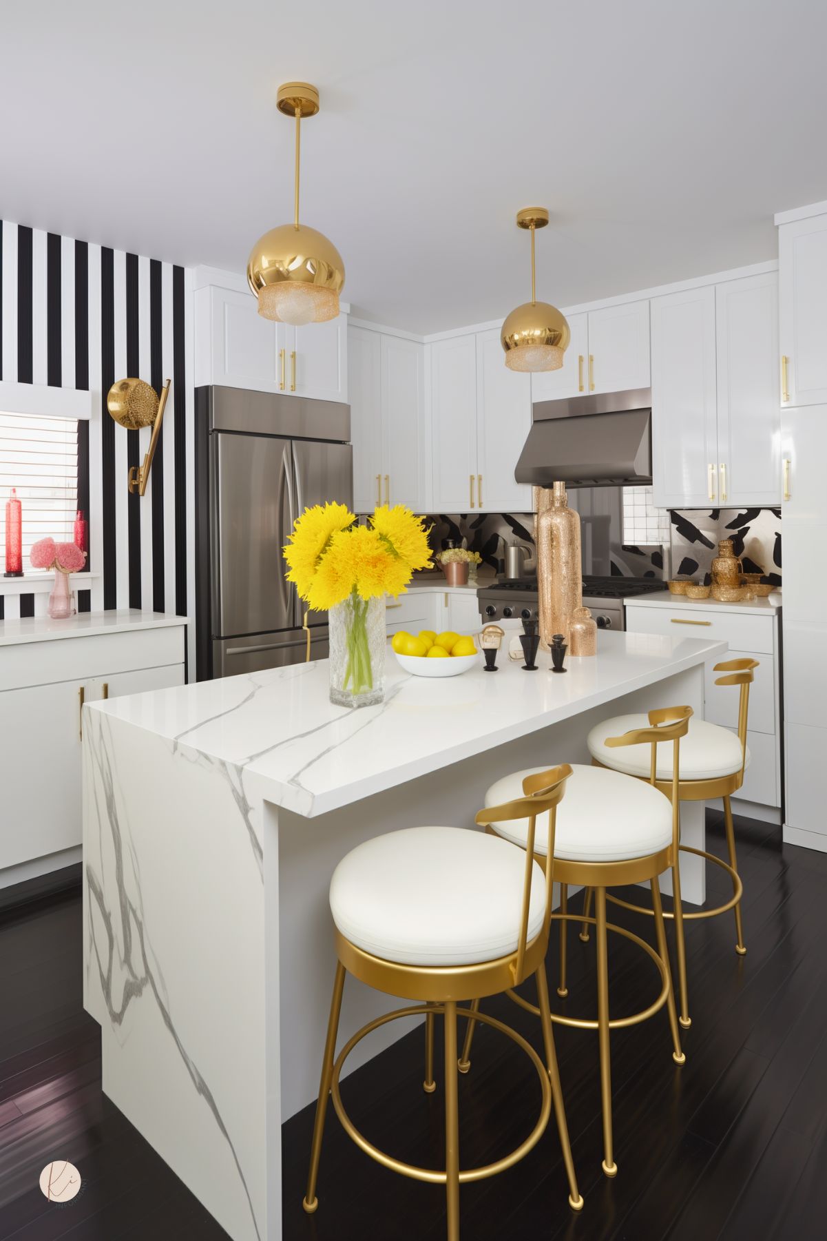 A kitchen with a bold black and white striped accent wall, creating a striking contrast against sleek white cabinetry. Gold pendant lights and hardware add a touch of luxury, while a waterfall-edge marble island enhances the elegant aesthetic. Gold and white barstools complement the modern design, and a terrazzo-style backsplash adds artistic flair. Bright yellow flowers and accents bring a vibrant pop of color to the sophisticated space.