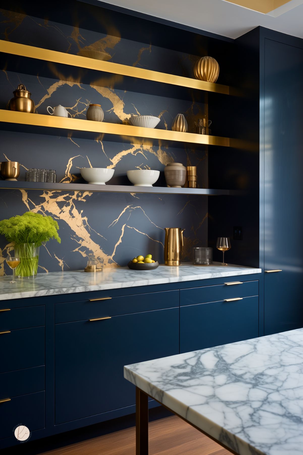 A kitchen with deep navy cabinetry and a striking black and gold marble accent wall, creating a dramatic and luxurious look. Floating gold shelves add elegance while displaying a mix of modern dishware and decorative accents. White marble countertops with bold veining enhance the high-end aesthetic, complemented by gold hardware. Subtle lighting highlights the rich textures, making the space feel sophisticated and upscale.