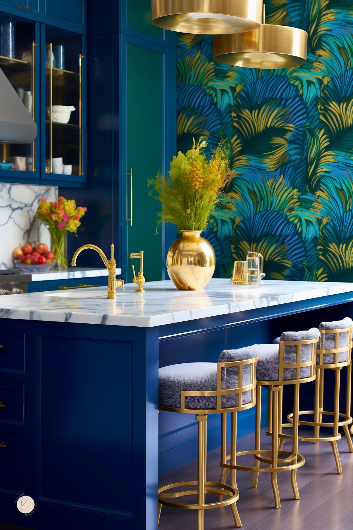 A kitchen with deep blue cabinetry and gold accents, featuring a bold tropical wallpaper with rich blue, green, and gold tones. A white marble island with gold fixtures adds a luxurious touch, while plush barstools with gold frames provide elegant seating. Oversized gold pendant lights enhance the opulent design, and open shelving displays curated decor and dishware. A striking blend of modern glamour and bold color.