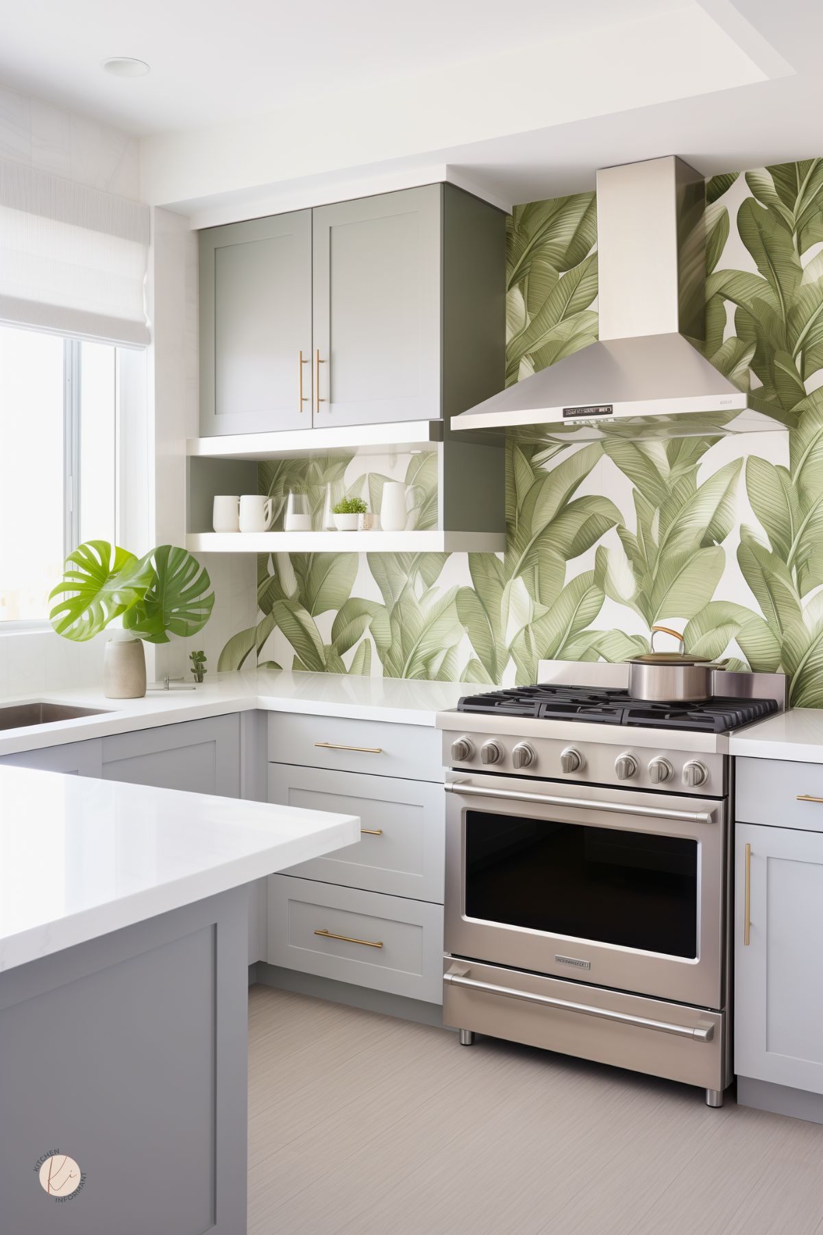 A kitchen with a fresh, tropical-inspired design, featuring a bold green banana leaf wallpaper accent wall. Soft sage and light gray cabinetry with gold hardware create a serene and elegant contrast. White quartz countertops keep the space bright, while open shelving displays minimalist dishware. A sleek stainless steel range and vent hood add a modern touch, and potted greenery enhances the natural, airy atmosphere.