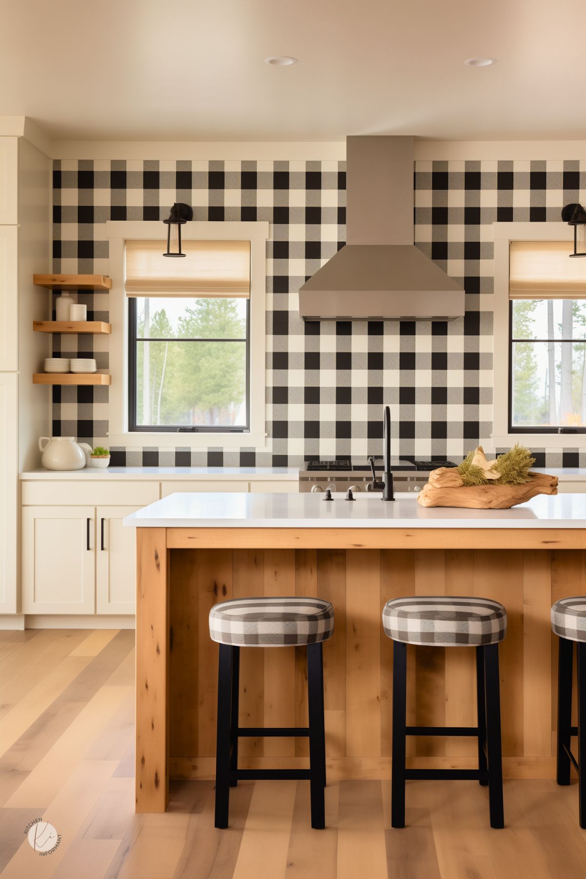 A kitchen with black and white buffalo check wallpaper creating a bold farmhouse-inspired accent. Warm wood tones in the island and flooring add rustic charm, complemented by creamy white cabinetry. Black metal sconces and a sleek stainless steel range hood enhance the modern farmhouse aesthetic. Plaid upholstered barstools tie the pattern into the seating area, while open wooden shelves provide functional and decorative storage.