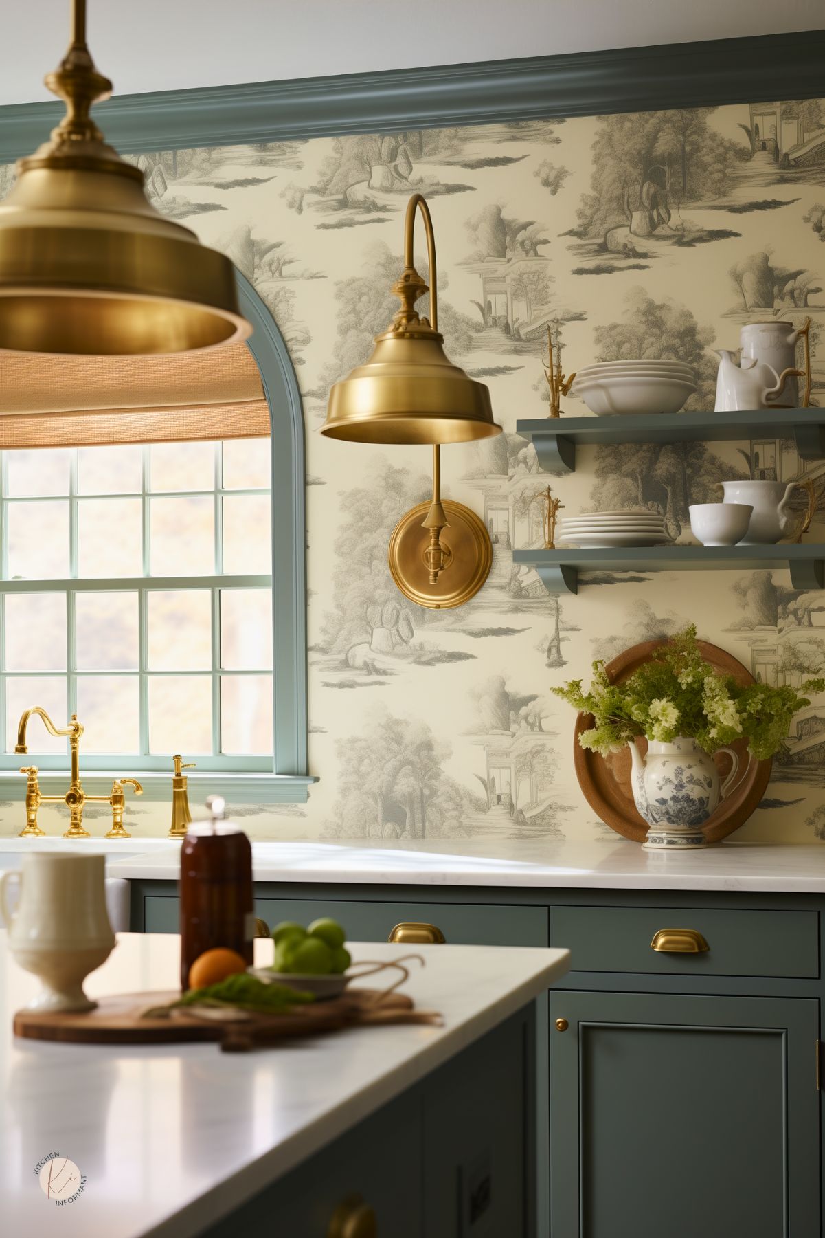 A kitchen with classic toile wallpaper in soft neutral tones, creating a timeless and elegant backdrop. Muted sage green cabinetry with brass hardware adds a vintage charm, complemented by gold pendant lights and sconces. Open shelves display white dishware, while an arched window with matching trim enhances the traditional aesthetic. A marble countertop and brass fixtures bring a refined yet cozy feel to the space.