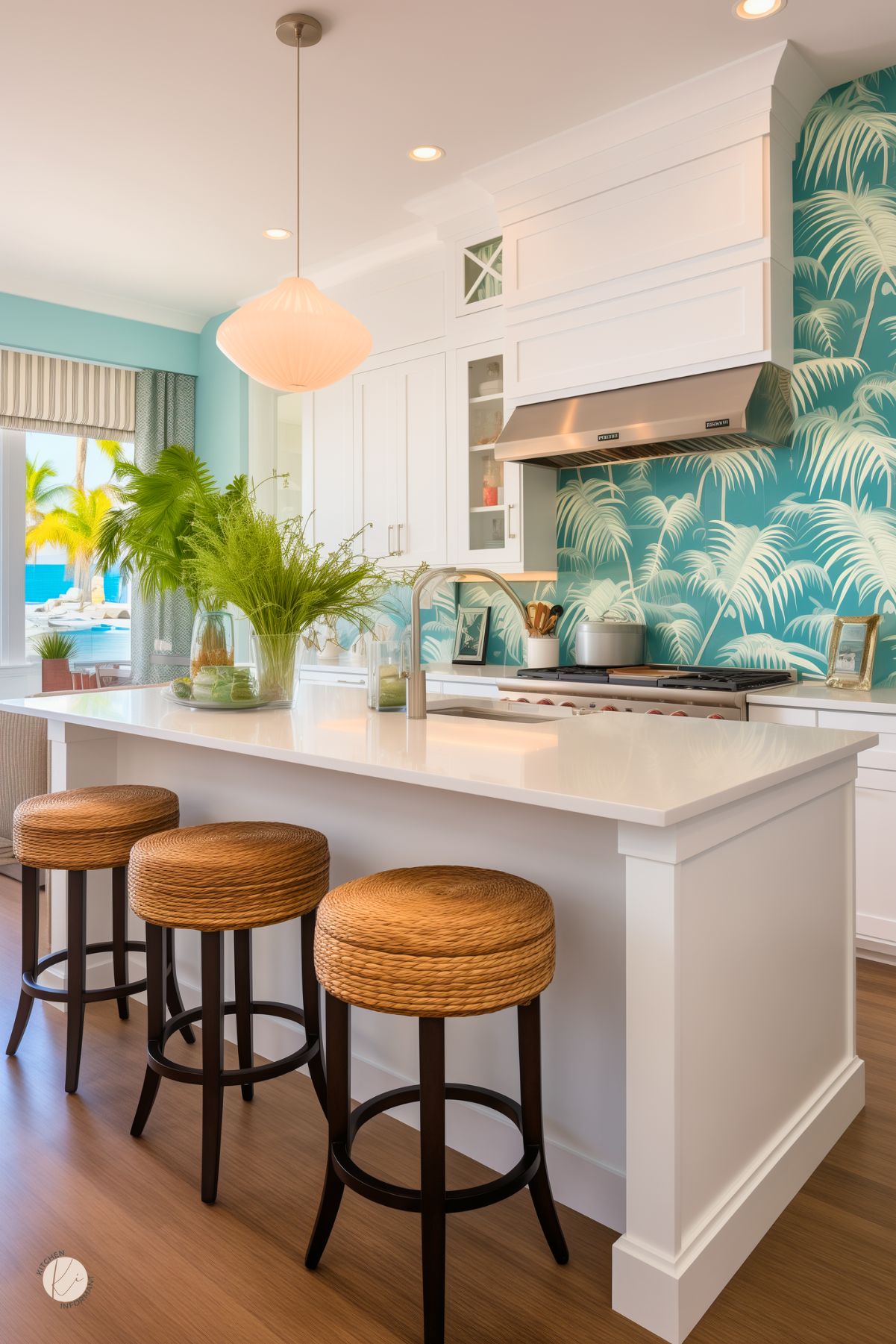 A kitchen with a tropical-inspired teal and white palm leaf wallpaper accent wall, creating a fresh and airy coastal feel. Crisp white cabinetry and quartz countertops keep the space bright, while woven rattan barstools add warmth and texture. A sleek stainless steel range hood enhances the modern design, and lush greenery brings a vibrant, natural touch. Soft lighting and ocean views complete the breezy, vacation-like ambiance.