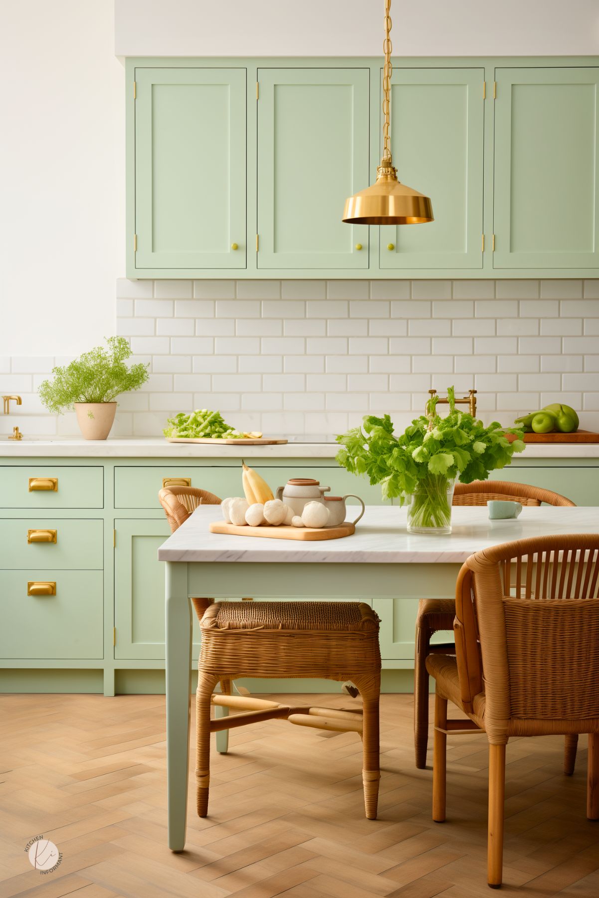 A kitchen with soft mint green cabinetry and gold hardware has a fresh, airy feel. A white subway tile backsplash and marble countertops add a classic touch, while woven rattan chairs surround a matching green dining table. A brass pendant light hangs above, complementing the warm tones of the herringbone wood flooring. Potted herbs, fresh produce, and a wooden cutting board create a natural, inviting atmosphere.