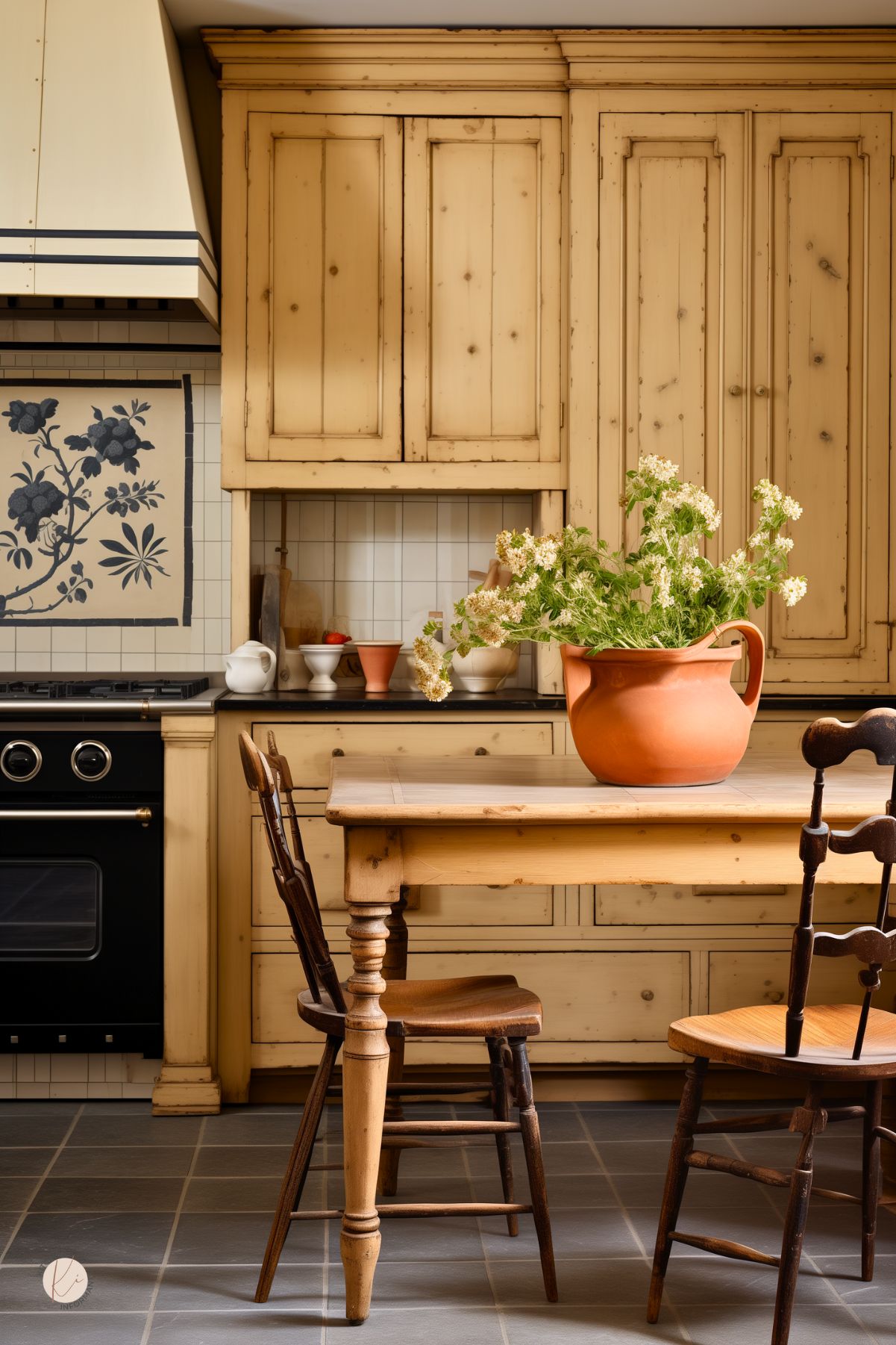 A kitchen with distressed honey-colored wood cabinetry and a vintage-inspired feel features a black range with a floral tile backsplash. A rustic wooden dining table with mismatched spindle-back chairs sits at the center, topped with a large terracotta pitcher filled with wildflowers. Dark countertops contrast with the light cabinetry, while open shelving displays ceramic dishes and terracotta pots. Slate tile flooring adds depth to the space.