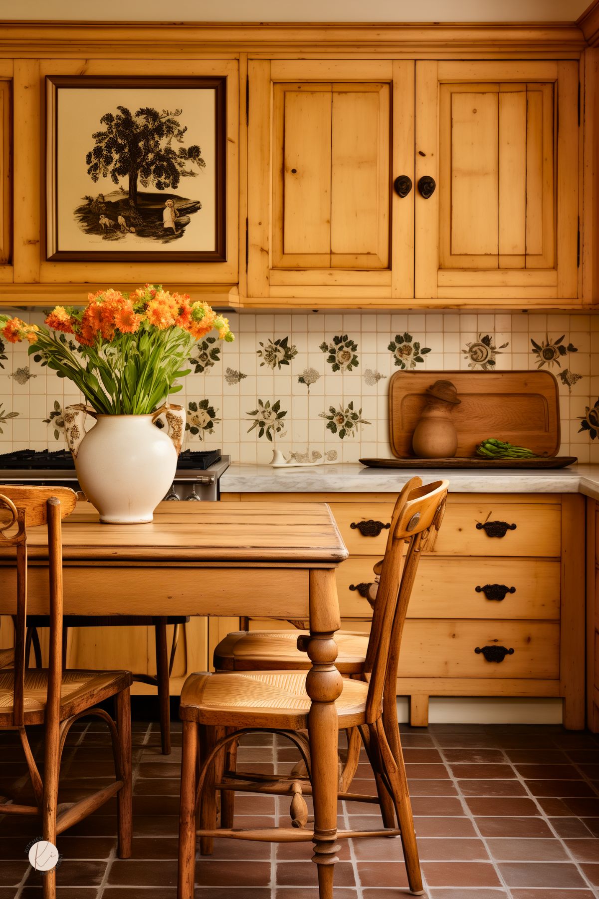 A kitchen with honey-toned wood cabinetry and a floral tile backsplash has a charming, vintage appeal. A rustic wooden dining table with woven-seat chairs sits in the center, topped with a large white vase filled with orange flowers. Dark metal hardware adds contrast to the cabinetry, while a framed pastoral artwork hangs above the stove. Terracotta floor tiles and marble countertops complete the warm, cozy aesthetic.