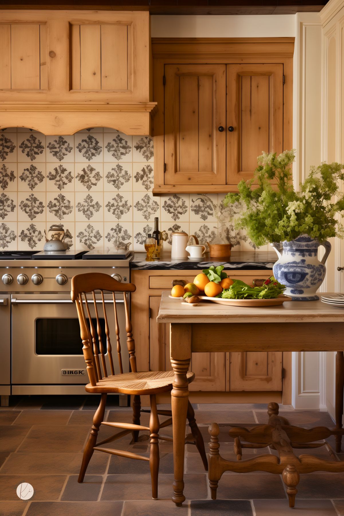 A kitchen with warm natural wood cabinetry and a vintage-inspired black and white tile backsplash has a cozy, rustic charm. A stainless steel gas range sits beneath a wooden range hood with a scalloped trim. A wooden farmhouse table with a spindle-back chair is set with fresh produce and a blue and white porcelain pitcher filled with greenery. Terracotta floor tiles and black marble countertops add texture and contrast.