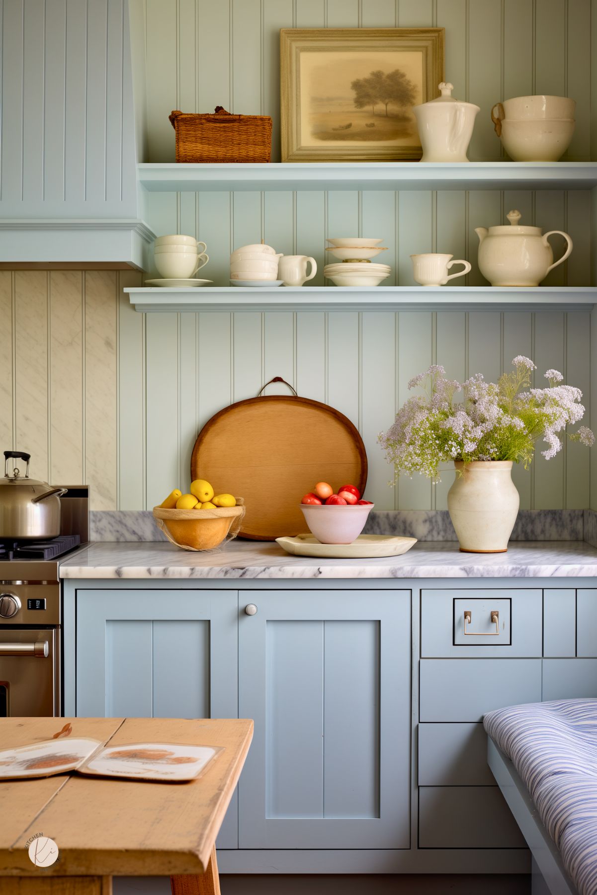 A kitchen with soft blue cabinetry and beadboard paneling has a cozy cottage feel. Open shelves display cream-colored dishware, a wicker basket, and a framed landscape painting. A marble countertop holds a wooden tray, bowls of fresh fruit, and a vase of delicate white flowers. A built-in bench with striped fabric upholstery sits beside a rustic wooden table with an open cookbook. A stainless steel stove with a kettle adds a modern touch.