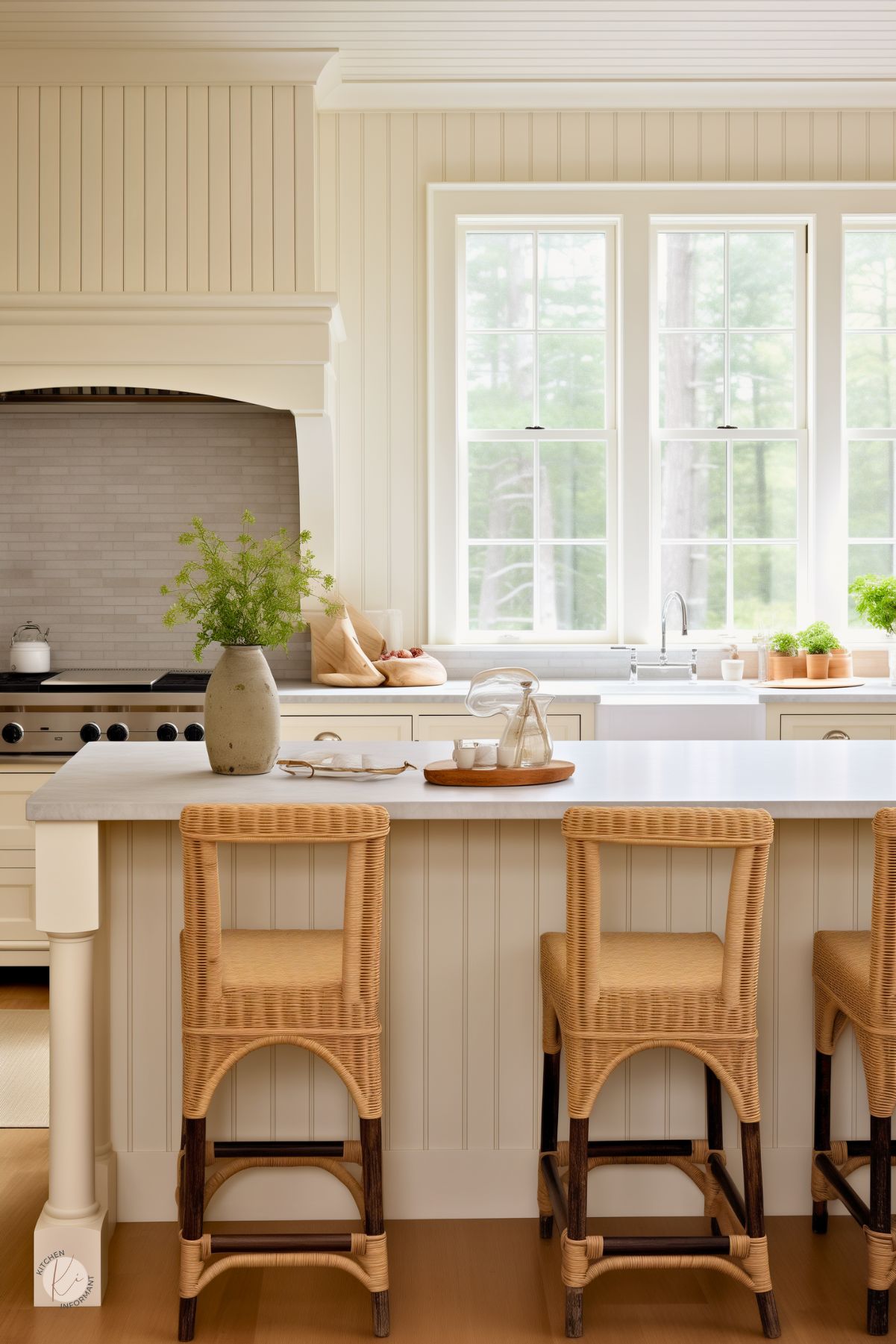 A kitchen with soft cream beadboard cabinetry and a bright, airy feel features a large island with a white stone countertop and woven rattan barstools. A farmhouse sink sits beneath a row of tall windows, letting in natural light and offering a view of lush greenery. A subtle tile backsplash complements the warm wood floors, while potted herbs and wooden accents add a touch of rustic charm. A simple vase with greenery decorates the island.