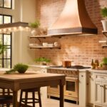 A kitchen with a warm rustic design features a large copper range hood as the focal point, set against an exposed brick wall. Cream cabinetry and a wood-topped island with sturdy turned legs create a cozy atmosphere. A bronze-toned gas range complements the hood, while open shelves hold neutral dishware. Potted greenery adds a fresh touch, and black-framed windows let in natural light. A glass-paneled chandelier provides soft illumination.