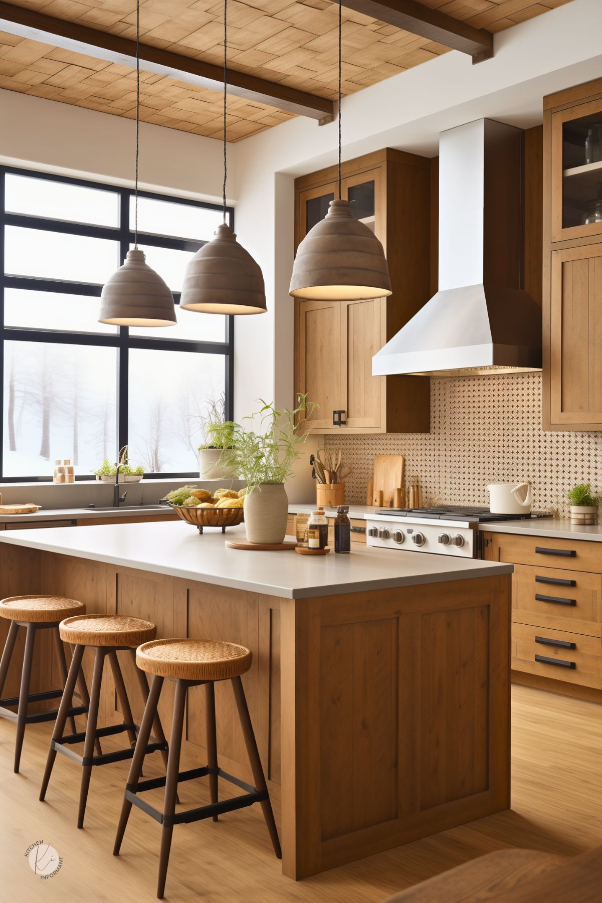 A kitchen with warm wood cabinetry and a modern rustic feel features a large island with a smooth white countertop and woven rattan barstools. Three sculpted pendant lights hang above, complementing the wood-paneled ceiling. A sleek stainless steel range hood contrasts with the patterned tile backsplash. Black-framed windows bring in natural light, while potted plants and wooden accents add warmth and texture to the space.