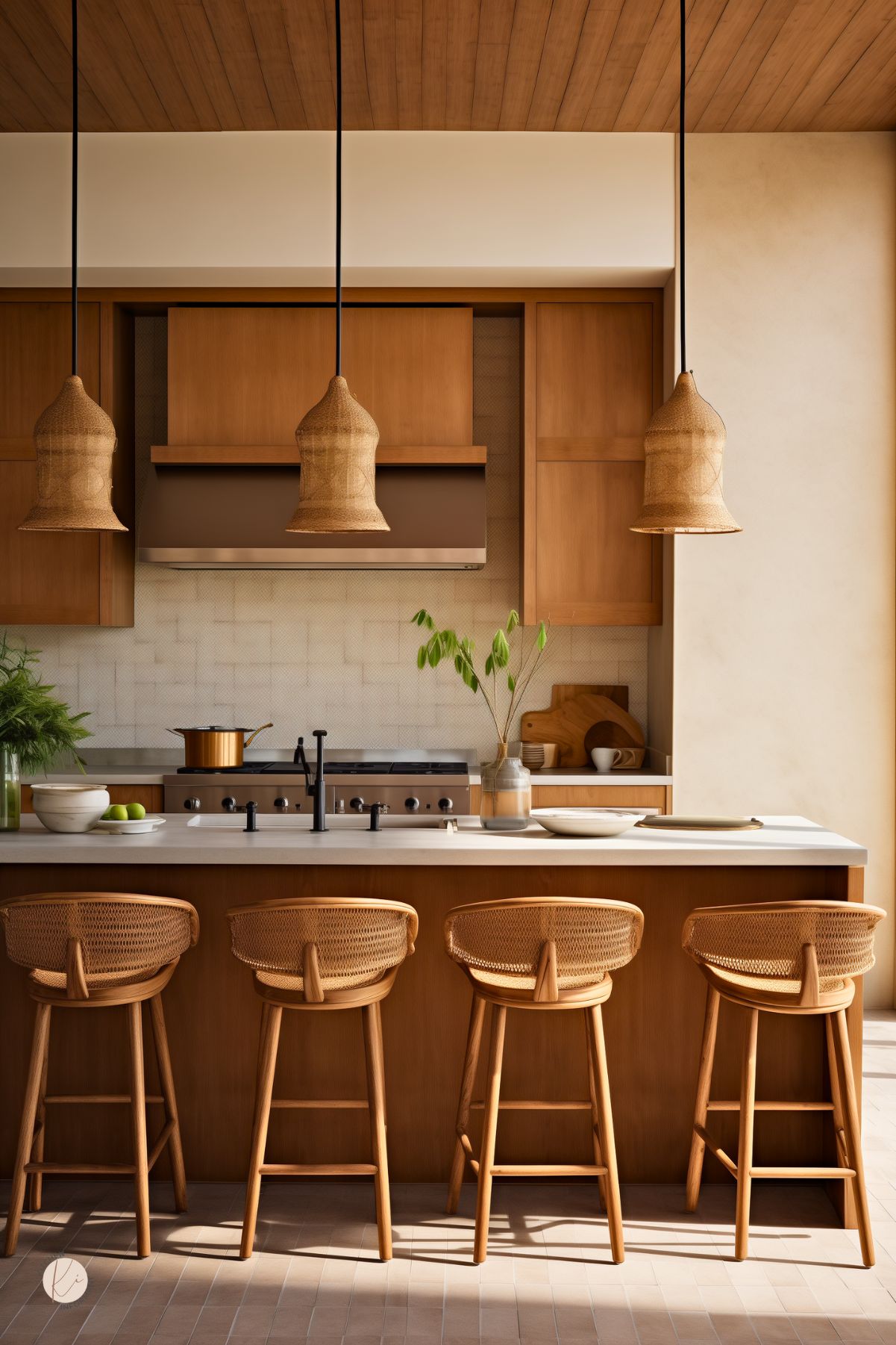 A kitchen with warm wood cabinetry and a neutral color palette has a minimalist yet inviting feel. A large island with a white stone countertop is lined with woven rattan barstools, while three woven pendant lights hang above, adding texture. A sleek stainless steel range hood blends into the cabinetry, and a subtle tile backsplash enhances the space. Potted greenery, wooden cutting boards, and simple dishware create a natural, earthy ambiance.