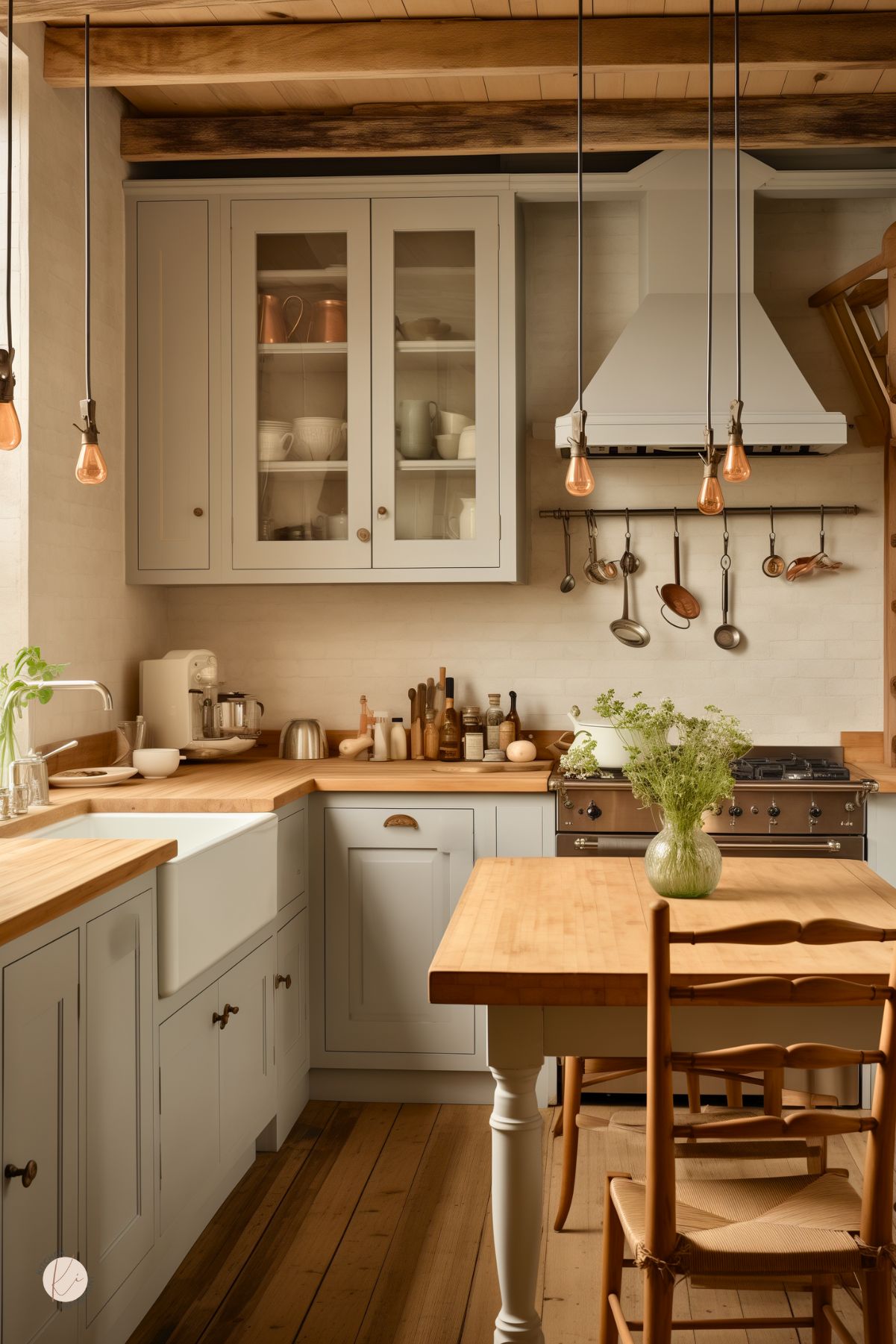 A kitchen with soft gray cabinetry and warm wood accents has a cozy, rustic charm. A farmhouse sink sits beneath a butcher block countertop, while glass-front cabinets display neatly arranged dishware. A vintage-style range with a white hood is complemented by a metal rod holding hanging copper and stainless steel cookware. Exposed wood beams and Edison bulb pendant lights add warmth, while a wooden dining table with a simple vase of greenery completes the inviting space.