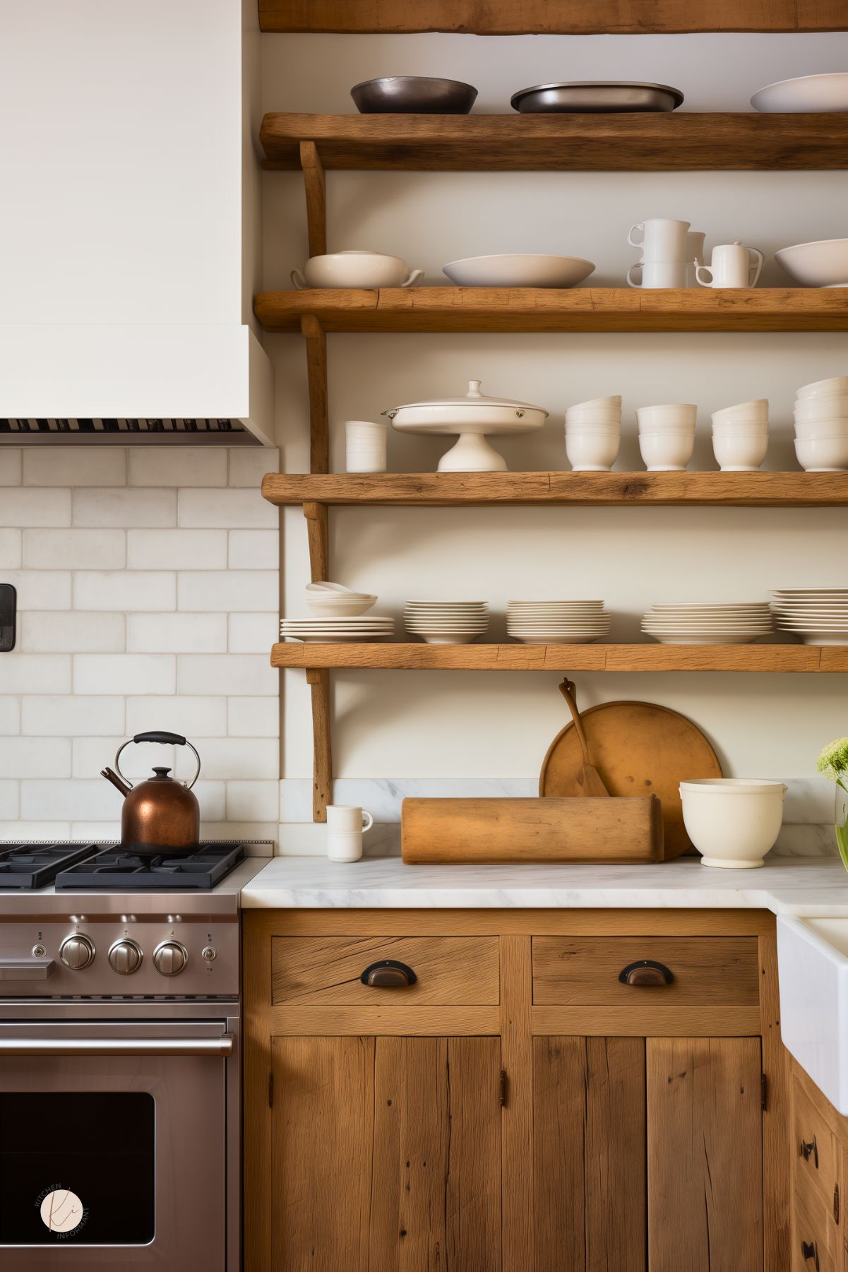 A kitchen with rustic wood cabinetry and open shelving has a warm, organic feel. Thick wooden shelves display neatly arranged white dishware, bowls, and a cake stand. A marble countertop contrasts with the distressed wood cabinets, which feature dark metal hardware. A white subway tile backsplash extends behind a stainless steel gas range, where a copper kettle adds a vintage touch. Wooden cutting boards and a rolling pin complete the cozy, lived-in aesthetic.