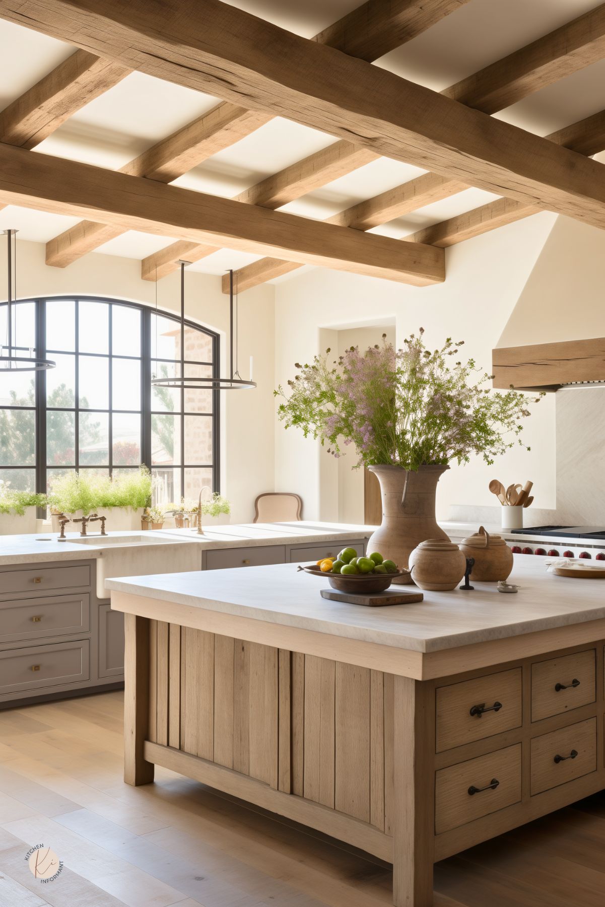 A kitchen with a soft rustic charm features a large wooden island with a light stone countertop, surrounded by muted gray cabinetry. Exposed wood beams add warmth to the ceiling, while black-framed arched windows flood the space with natural light. A farmhouse sink sits beneath a row of potted greenery. A large wooden vase with delicate wildflowers serves as the island’s centerpiece, alongside wooden containers and fresh fruit.