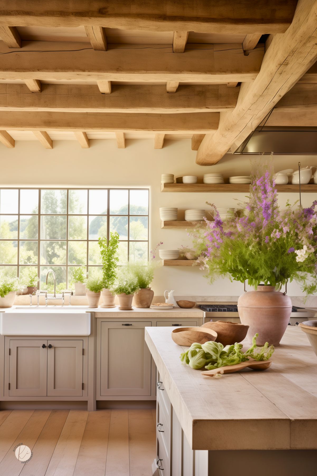 A kitchen with a rustic farmhouse charm features exposed wood ceiling beams and soft gray cabinetry. A large farmhouse sink sits beneath expansive windows, allowing natural light to illuminate the space. Open wood shelves display neatly stacked dishware, while terracotta pots filled with fresh greenery line the counters. A spacious island with a thick wood countertop holds wooden bowls, fresh vegetables, and a large earthen vase overflowing with wildflowers.