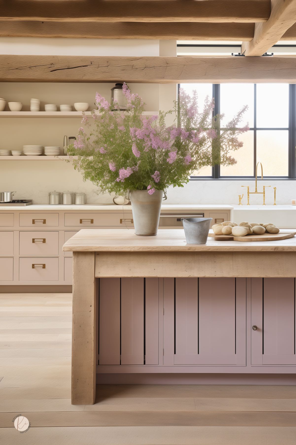 A kitchen with soft blush-toned cabinetry and natural wood accents has a serene, rustic elegance. A large island with a thick wood countertop provides storage and workspace, topped with a vase of wildflowers and a wooden tray of freshly baked bread. Open shelves hold neatly arranged dishware, while exposed wood beams add warmth. A farmhouse sink with a brass faucet sits beneath black-framed windows, allowing natural light to fill the space.