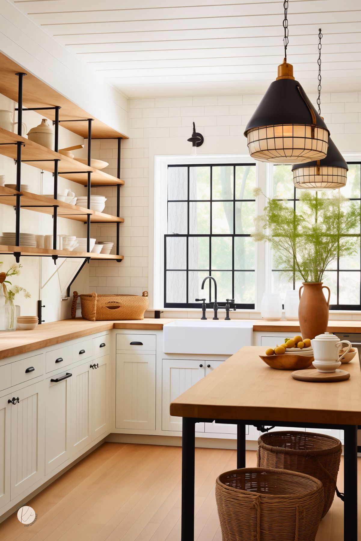 A kitchen with a modern rustic feel features open wood shelving with black metal brackets, displaying neatly stacked white dishware. Creamy beadboard cabinetry and butcher block countertops add warmth, while a farmhouse sink sits beneath large black-framed windows. Industrial-style pendant lights with cage details hang over a wooden island, which is decorated with a terracotta vase of greenery and a wooden bowl of fresh fruit. Woven baskets provide extra storage.