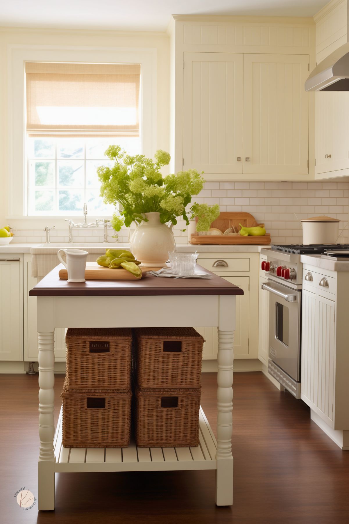 A kitchen with creamy beadboard cabinetry and a warm, inviting atmosphere features a small island with a dark wood top and wicker basket storage underneath. A subway tile backsplash and stainless steel range with red knobs add a modern contrast. A large vase filled with fresh greenery sits on the island, alongside a cutting board with green peppers. Soft natural light filters through a window with a woven shade, enhancing the cozy feel.