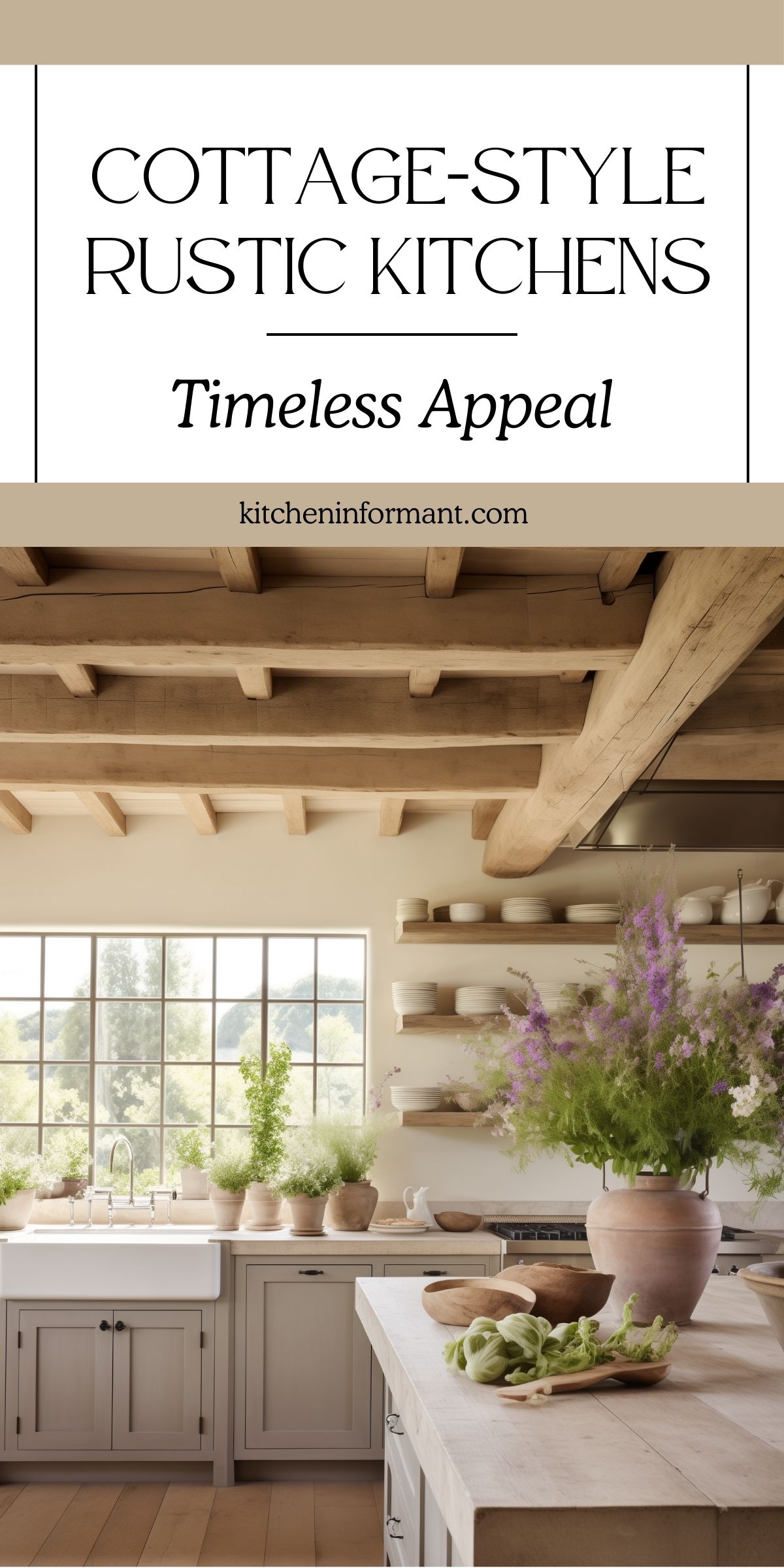 An image featuring a rustic cottage-style kitchen with exposed wood ceiling beams and soft gray cabinetry. A farmhouse sink sits beneath large windows, allowing natural light to highlight potted greenery on the countertops. Open wooden shelves display simple dishware, while a large wooden island holds wooden bowls, fresh vegetables, and a terracotta vase filled with wildflowers. The top of the image includes text reading "Cottage-Style Rustic Kitchens - Timeless Appeal" with the website "kitcheninformant.com" below.