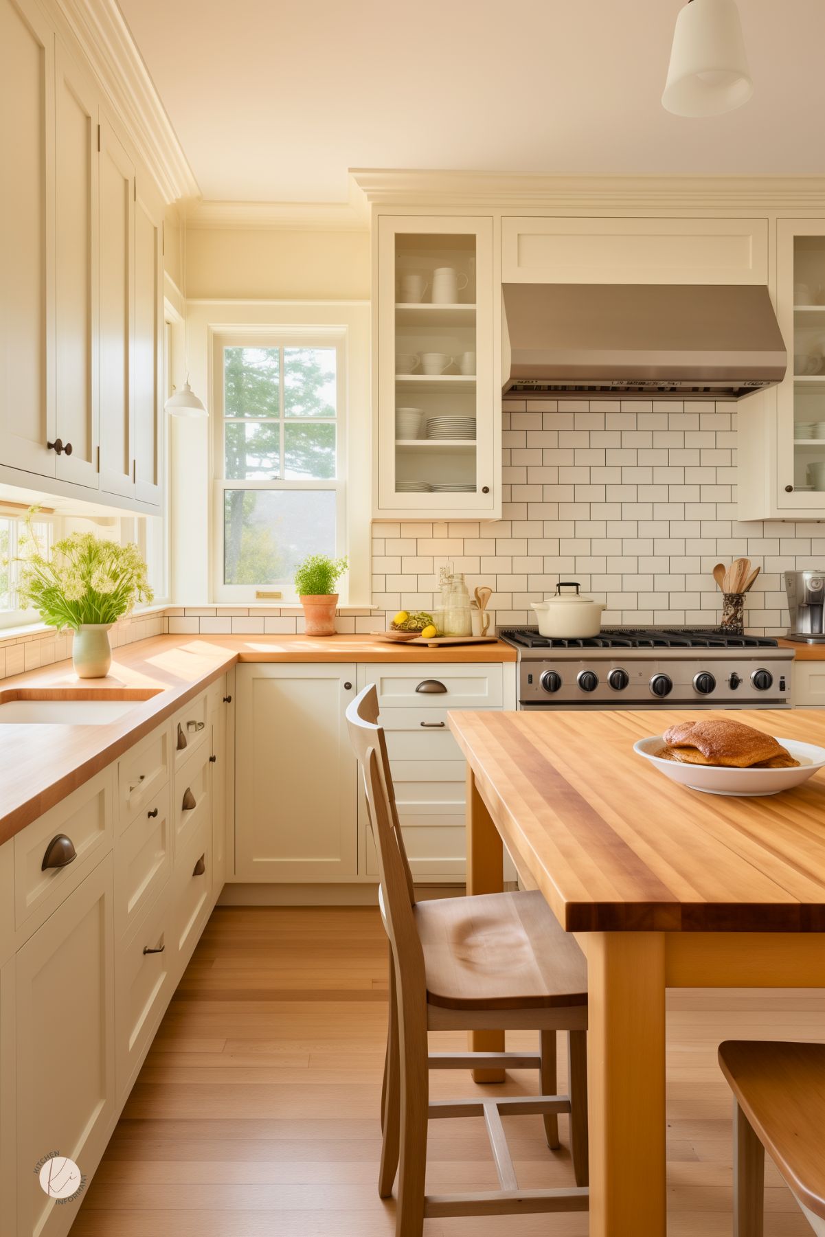 A kitchen with creamy white cabinetry and warm wood countertops has a bright, inviting feel. A subway tile backsplash and stainless steel range hood add a touch of modern contrast. Glass-front cabinets display neatly arranged dishware, while a butcher block dining table sits in the center with a loaf of bread on a plate. Large windows let in natural light, with potted herbs and fresh flowers adding a cozy, lived-in touch.