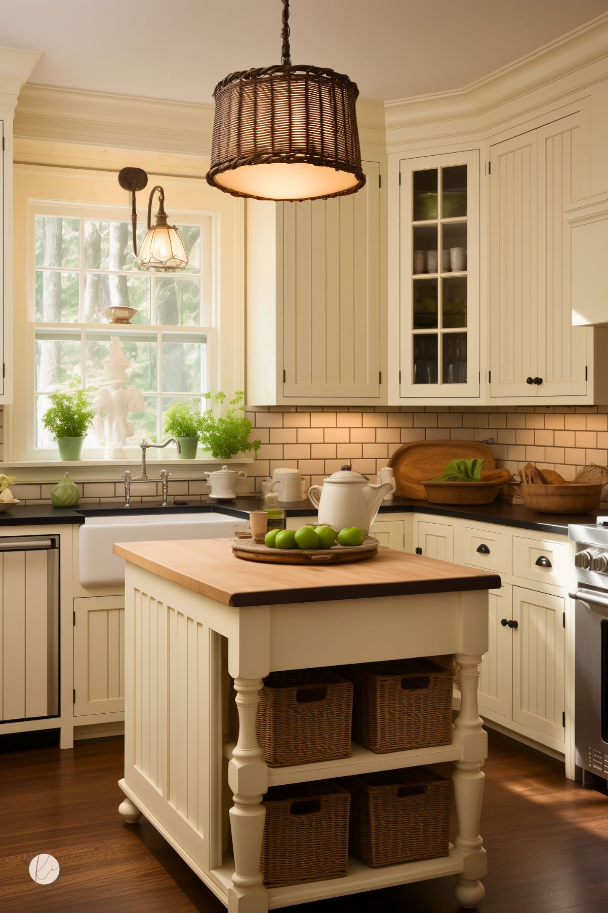 A kitchen with creamy beadboard cabinetry and a warm, inviting feel features a small island with a butcher block top and wicker basket storage. A farmhouse sink sits beneath a large window framed by lush greenery and a decorative statue. A subway tile backsplash and dark countertops contrast with the light cabinetry. A woven rattan pendant light adds texture, while wooden trays and fresh green apples bring in natural elements.