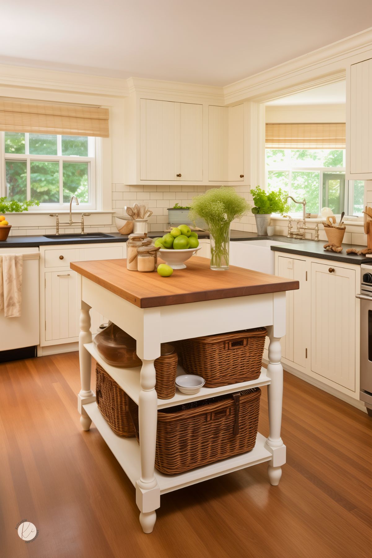 A kitchen with creamy beadboard cabinetry and a warm, inviting feel features a small island with a butcher block top and wicker basket storage. A black farmhouse sink contrasts with the white subway tile backsplash and dark countertops. Natural light filters through windows with woven shades, highlighting potted greenery and rustic decor. A bowl of green apples and glass jars of pantry staples add a cozy, lived-in touch.