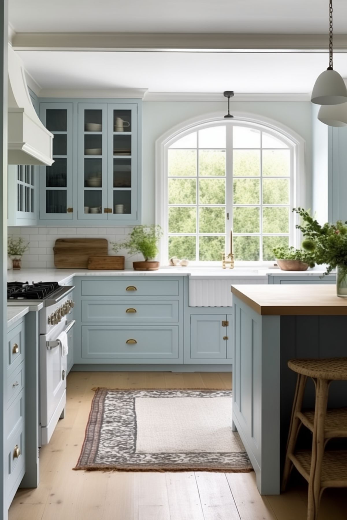 A bright and airy kitchen with soft blue cabinetry, brass hardware, and a large farmhouse sink beneath an arched window. White subway tile and glass-front cabinets add a classic touch, while warm wood accents, including cutting boards and a butcher block island, enhance the cozy feel. A vintage-style rug softens the light wood flooring, and woven stools provide a rustic charm. Lush greenery adds a fresh, natural element.