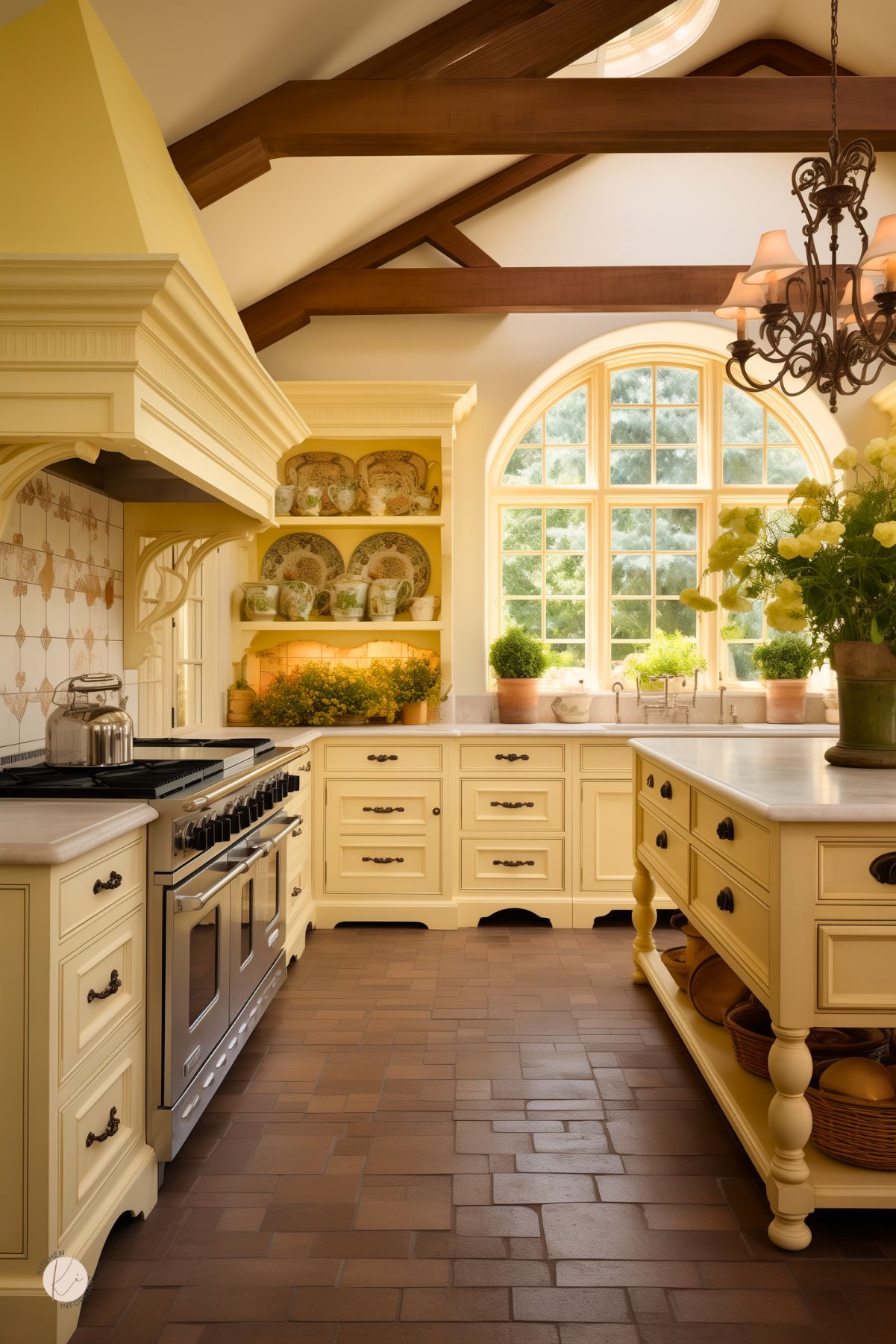 A warm and inviting English country kitchen with soft yellow cabinetry, dark hardware, and a large farmhouse island with a marble countertop. Exposed wooden beams add rustic charm, while an arched window fills the space with natural light. Open shelving displays vintage dishware and decorative plates. A classic chandelier and potted greenery enhance the cozy, traditional aesthetic.