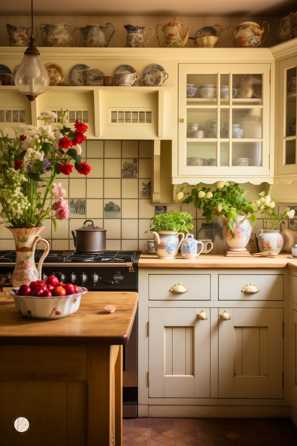 A charming English country kitchen with soft cream cabinetry, a black range, and a vintage tile backsplash featuring delicate floral illustrations. Open shelves and glass-front cabinets display an assortment of antique teapots, cups, and dishes in blue and white patterns. A wooden countertop holds potted greenery and floral pitchers, while a bowl of red apples and fresh flowers add a vibrant touch to the cozy space.