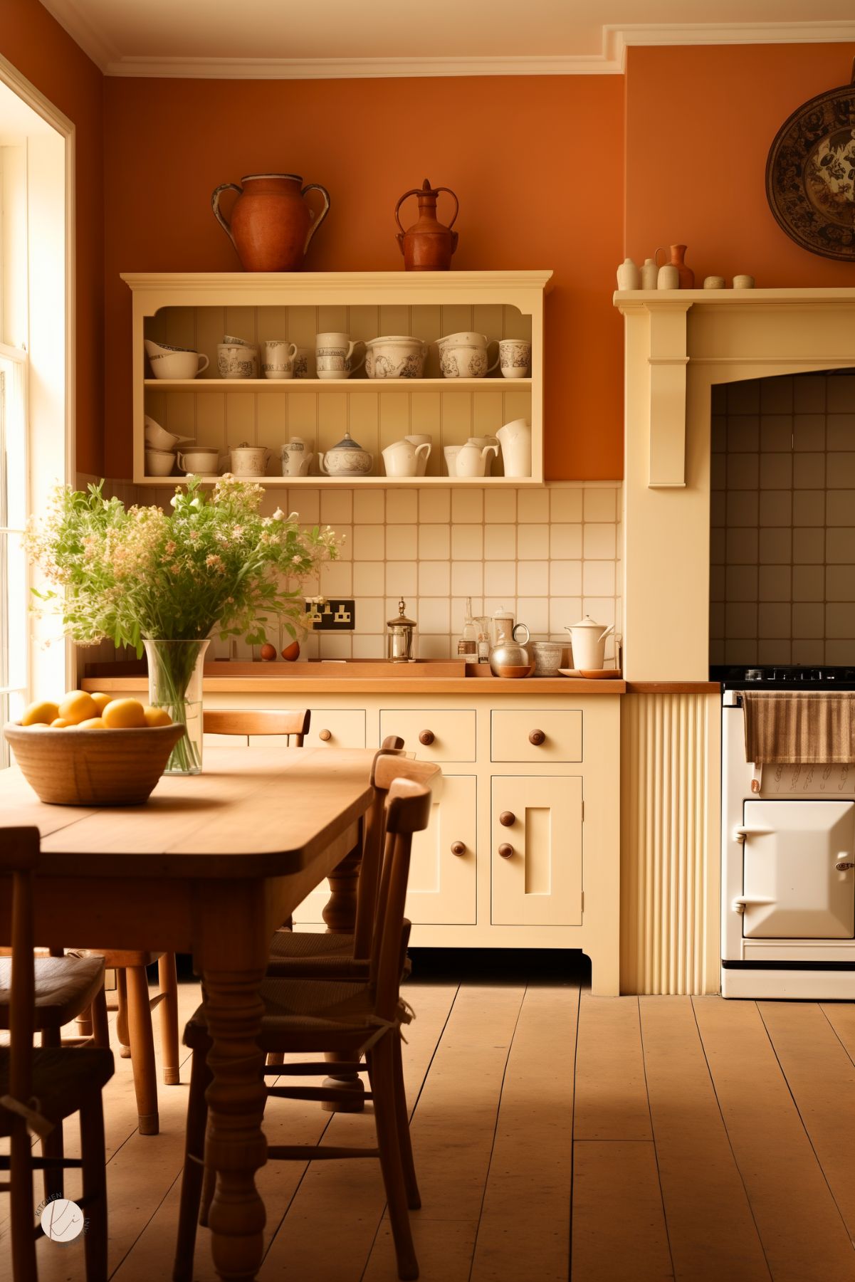 A warm English country kitchen with rich terracotta walls, cream cabinetry, and a classic farmhouse dining table. Open shelving displays vintage ceramic dishware, while a white range with a tiled backsplash adds a timeless touch. Natural wood flooring enhances the cozy atmosphere, with fresh flowers and a bowl of lemons bringing a lively, rustic charm to the space.