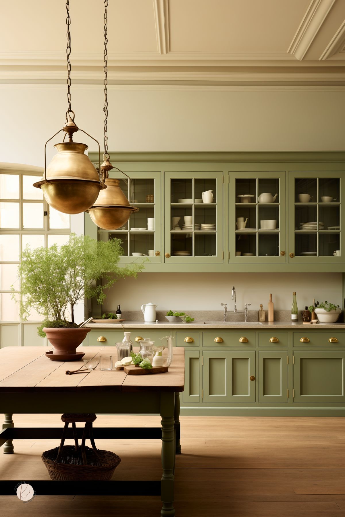 A serene English country kitchen with sage green cabinetry, brass hardware, and glass-front upper cabinets displaying white dishware. A large wooden farmhouse table sits in the center, adorned with glassware, fresh greens, and a potted plant. Oversized antique brass pendant lights hang above, while soft natural light streams in through a traditional window, enhancing the warm and inviting atmosphere.