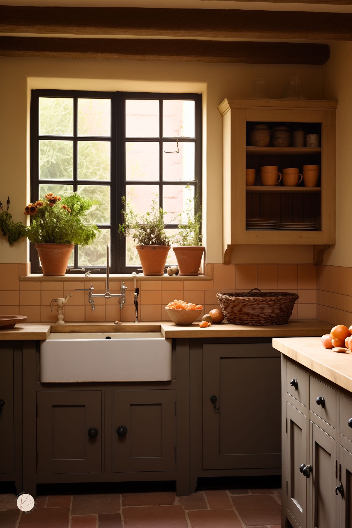 A rustic English country kitchen with earthy green cabinetry, a white farmhouse sink, and warm terracotta tiles. A black-framed window lets in natural light, with potted herbs and flowers on the windowsill. Open shelving holds ceramic mugs and stoneware, while a woven basket and fresh oranges add warmth. Exposed wooden beams and butcher block countertops enhance the cozy, traditional feel.