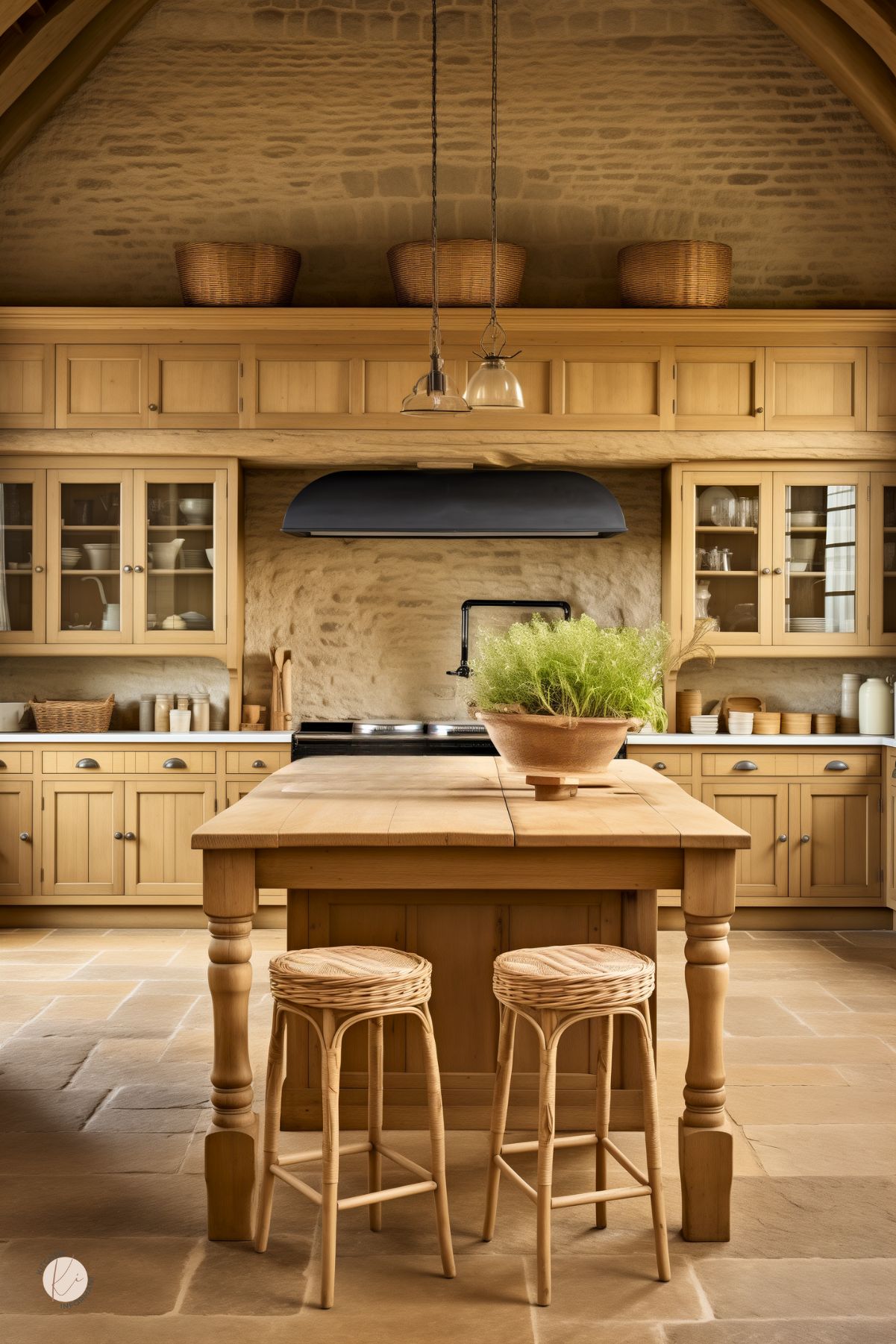 A warm and rustic English country kitchen with natural wood cabinetry, a large farmhouse island, and woven barstools. The arched stone wall and exposed wooden beams enhance the cozy, traditional feel. Glass-front cabinets display neatly arranged dishware, while wicker baskets provide additional storage. A black range hood contrasts with the neutral tones, and potted greenery adds a fresh touch.